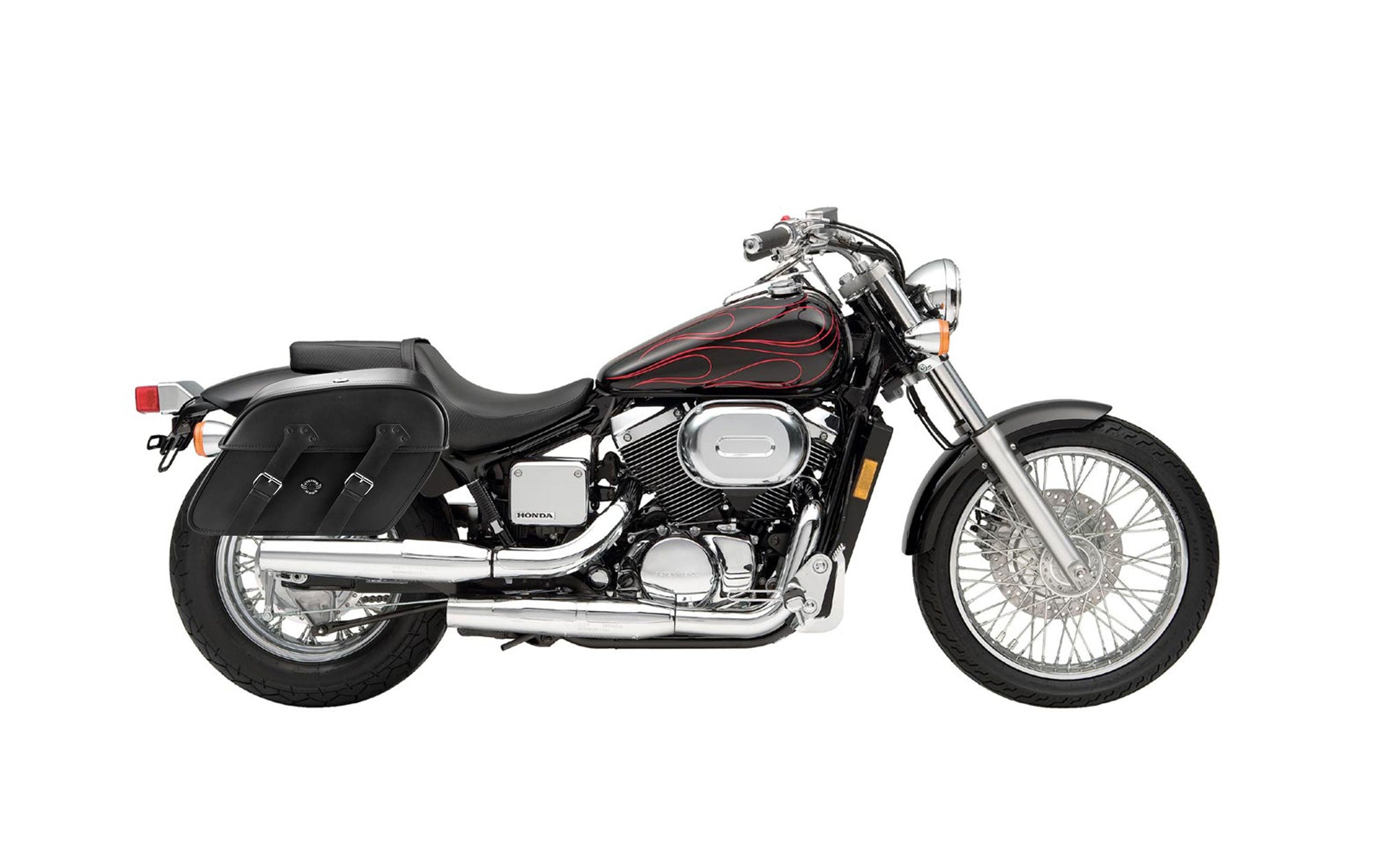 Viking Raven Extra Large Honda Shadow 750 Spirit Dc Shock Cut Out Leather Motorcycle Saddlebags on Bike Photo @expand