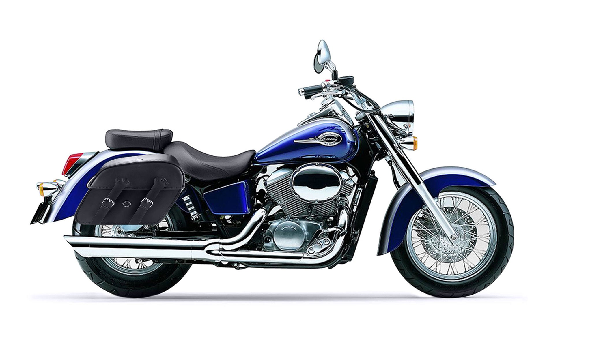Viking Raven Extra Large Honda Shadow 750 Ace Shock Cut Out Leather Motorcycle Saddlebags on Bike Photo @expand