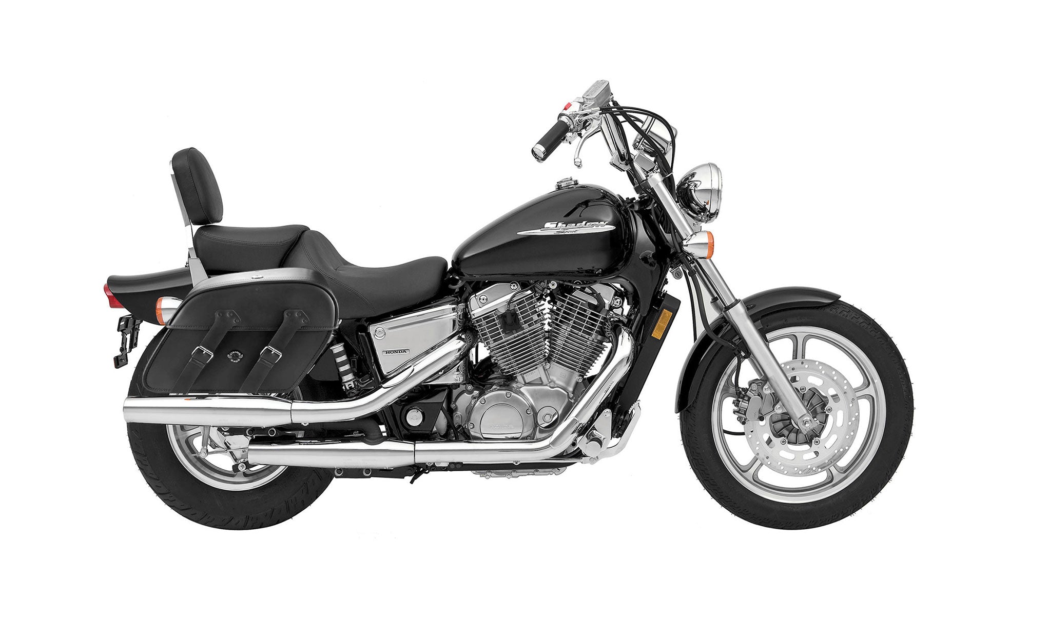 Viking Raven Extra Large Honda Shadow 1100 Spirit Shock Cut Out Leather Motorcycle Saddlebags on Bike Photo @expand