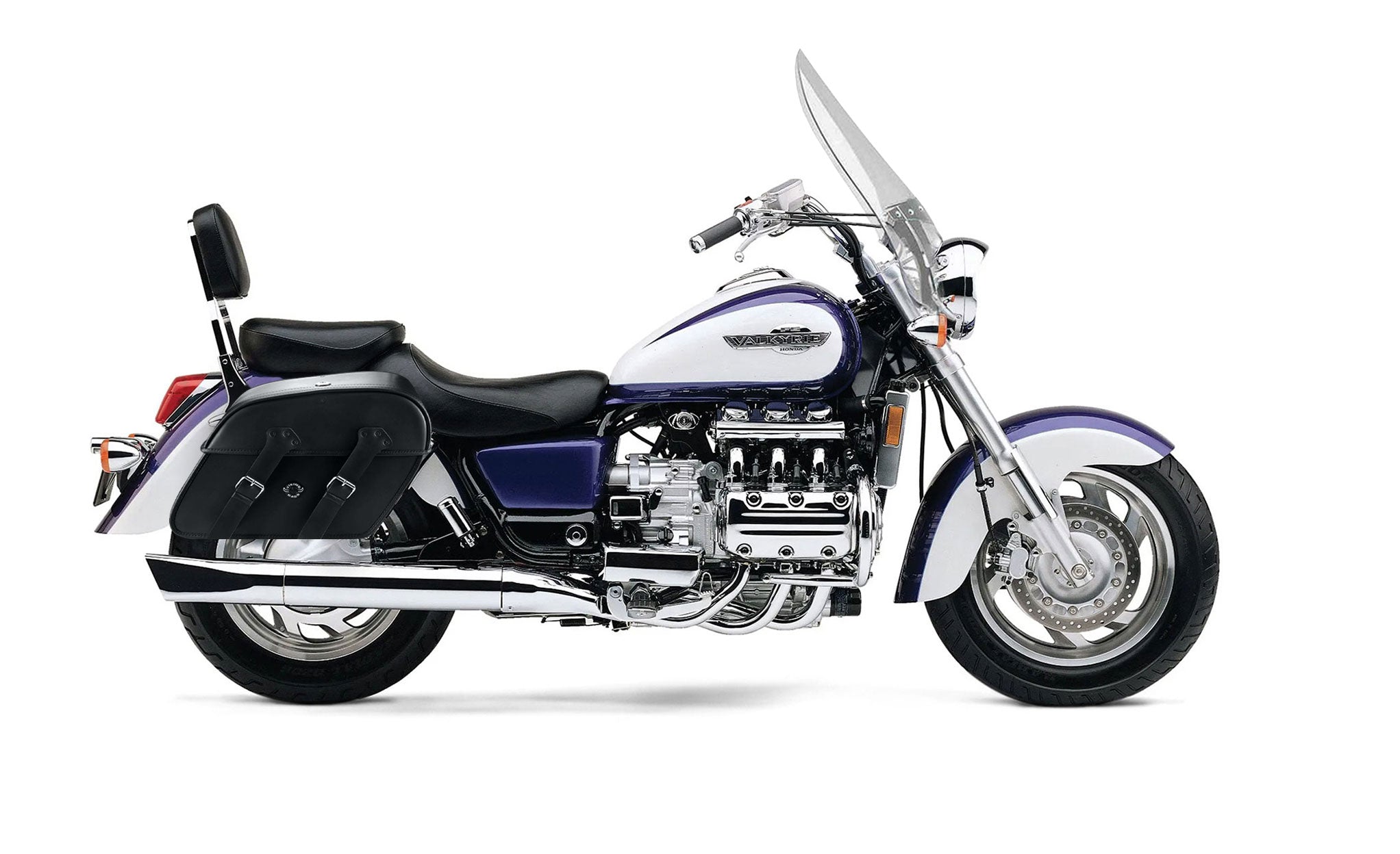 Viking Raven Extra Large Honda 1500 Valkyrie Tourer Shock Cut Out Leather Motorcycle Saddlebags on Bike Photo @expand