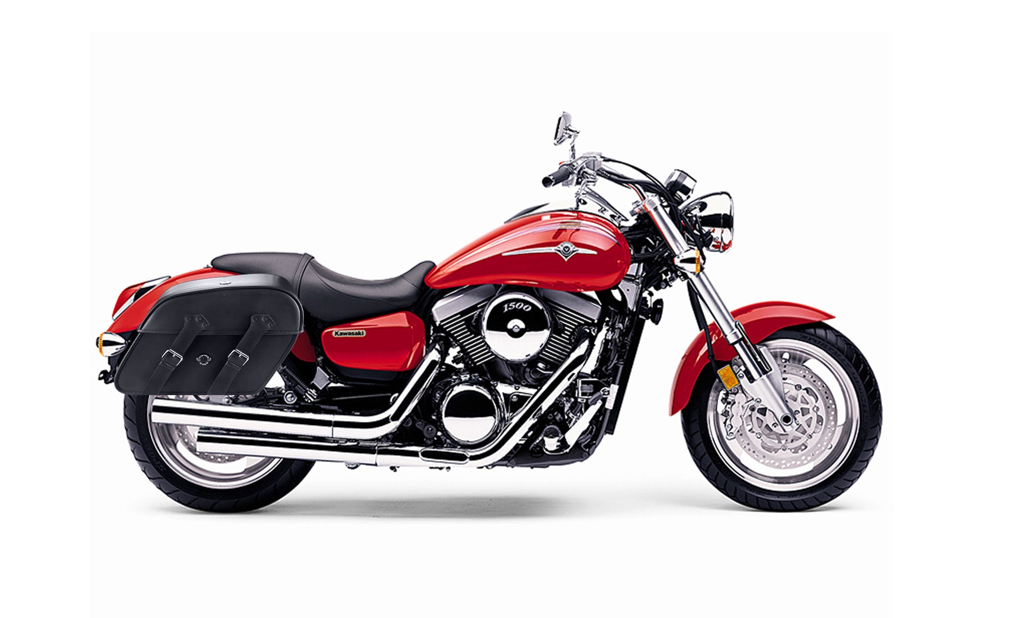 Viking Raven Extra Large Kawasaki Mean Streak 1500 Shock Cut Out Leather Motorcycle Saddlebags on Bike Photo @expand