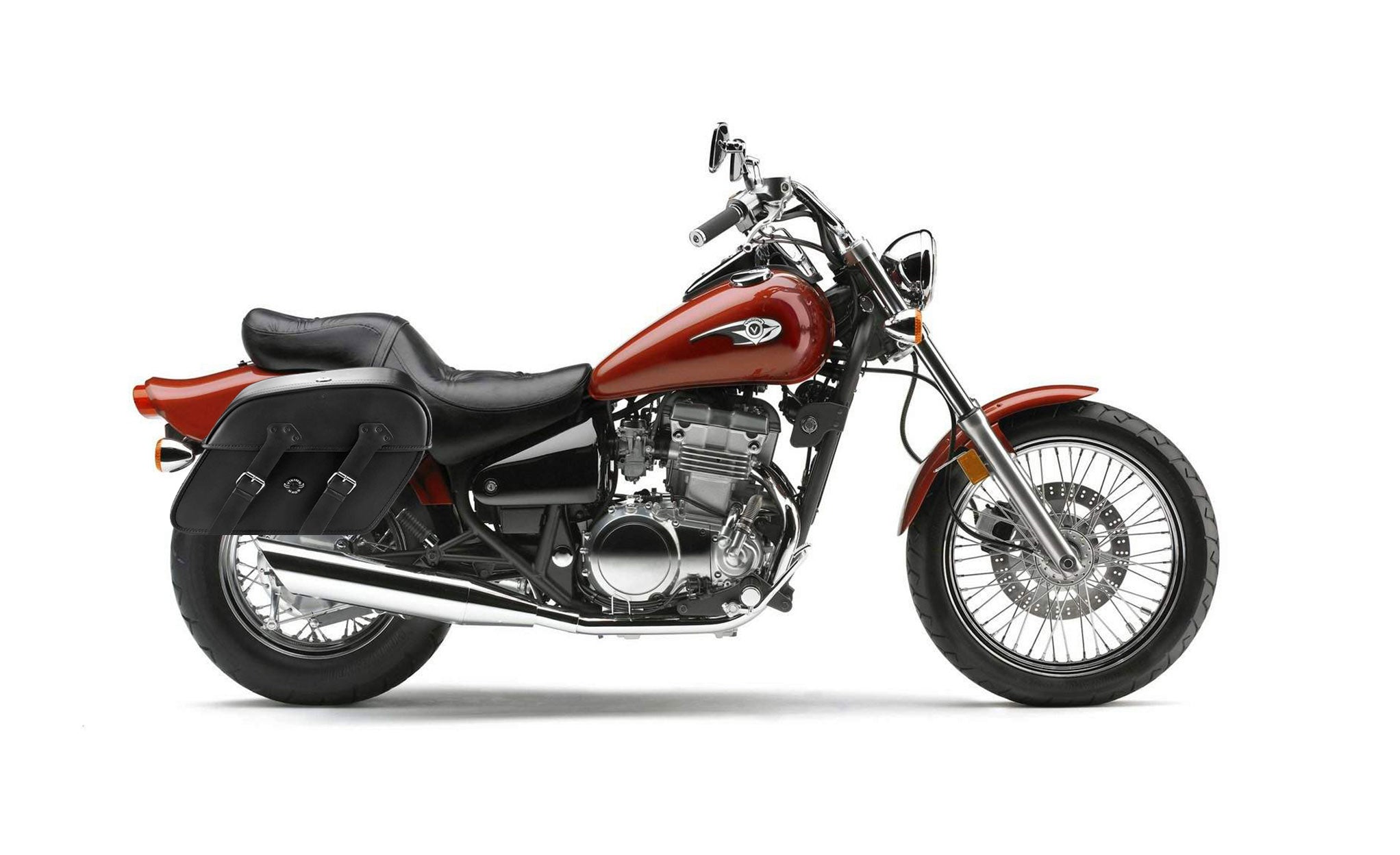 Viking Raven Extra Large Kawasaki Vulcan 500 En500 Shock Cut Out Leather Motorcycle Saddlebags on Bike Photo @expand