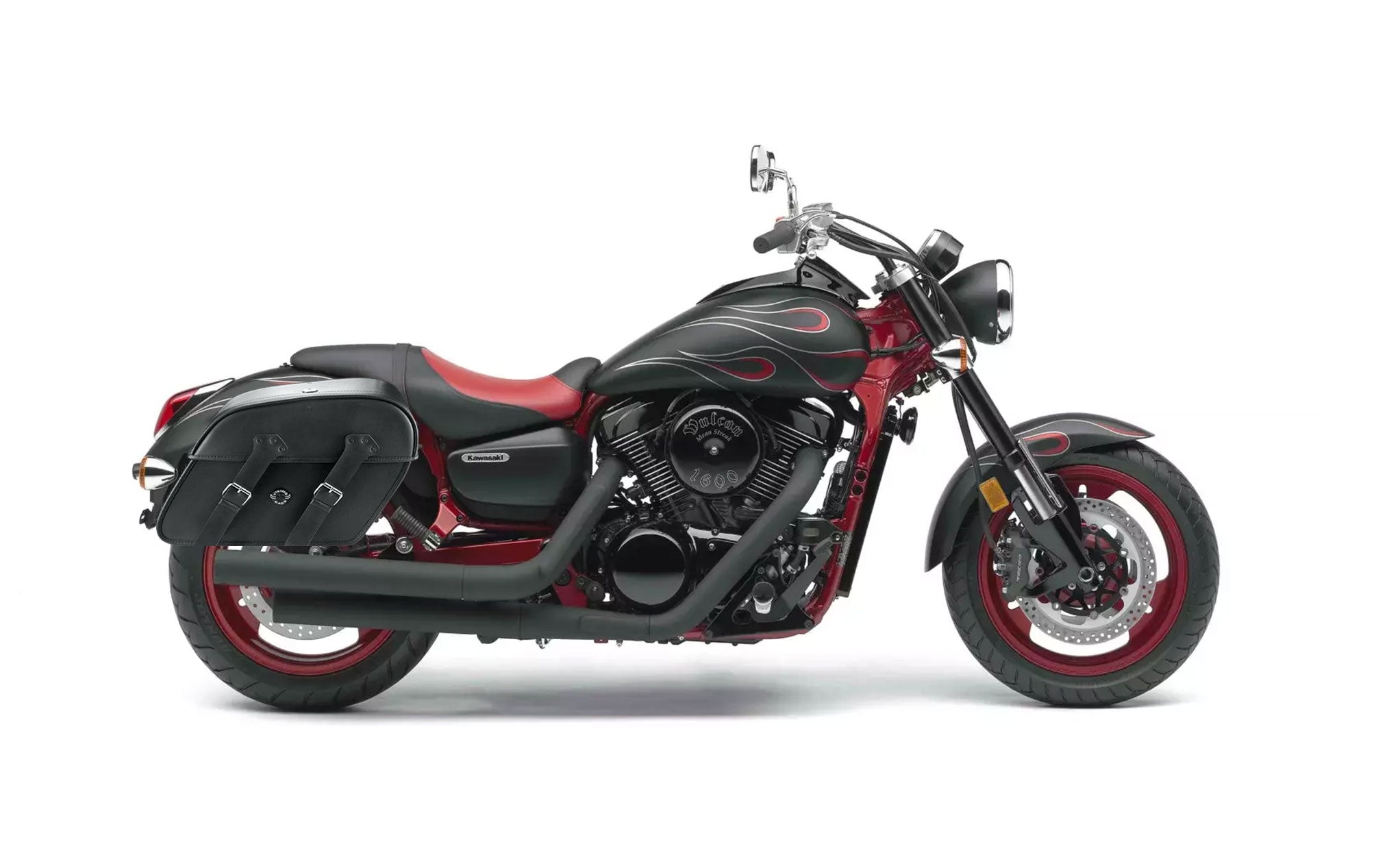 Viking Raven Extra Large Kawasaki Mean Streak 1600 Shock Cut Out Leather Motorcycle Saddlebags on Bike Photo @expand