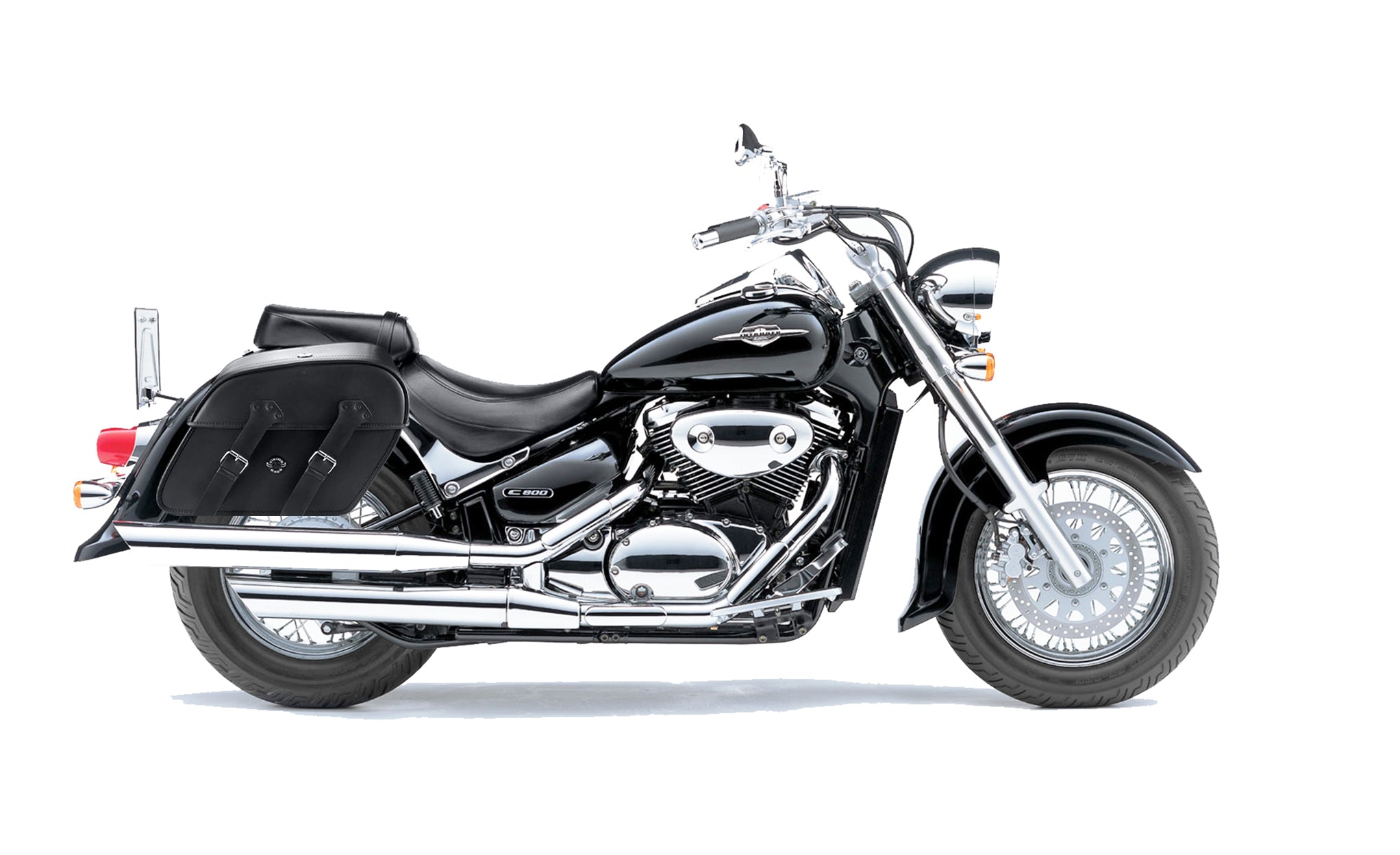 Viking Raven Large Suzuki Volusia 800 Motorcycle Leather Saddlebags on Bike Photo @expand
