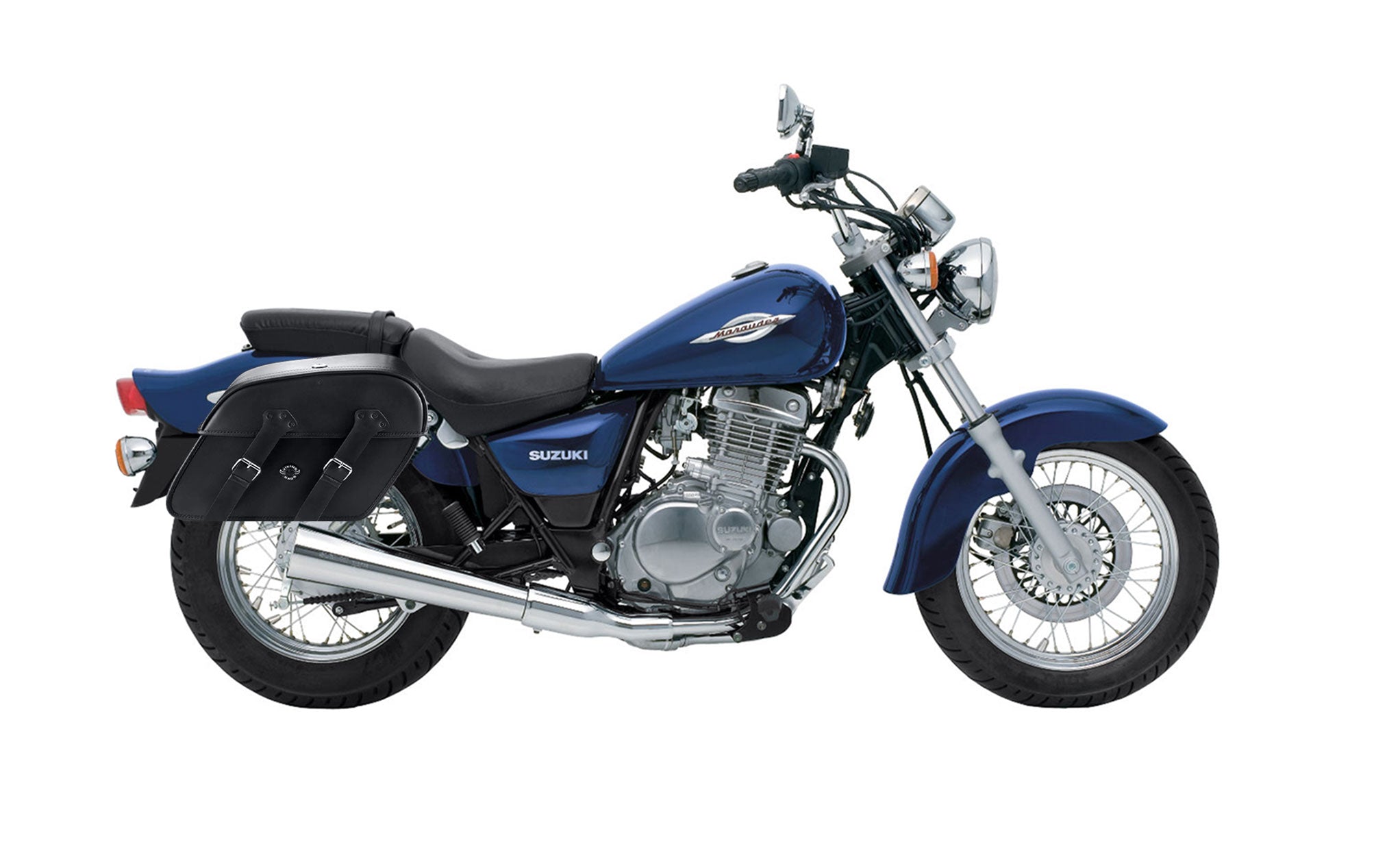 Viking Raven Extra Large Suzuki Marauder Gz250 Shock Cut Out Leather Motorcycle Saddlebags on Bike Photo @expand