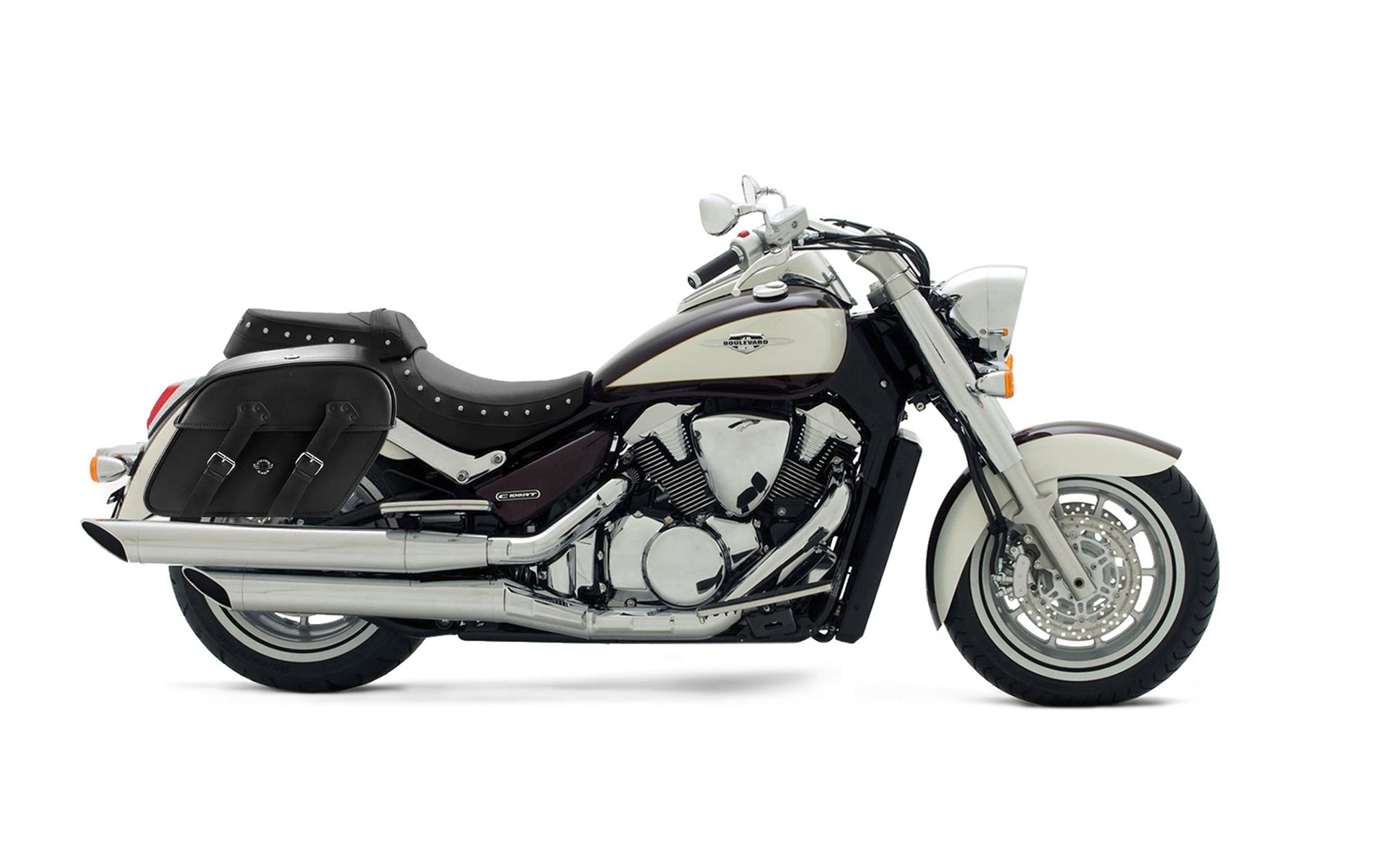 Viking Raven Large Suzuki Boulevard C109 Motorcycle Leather Saddlebags on Bike Photo @expand