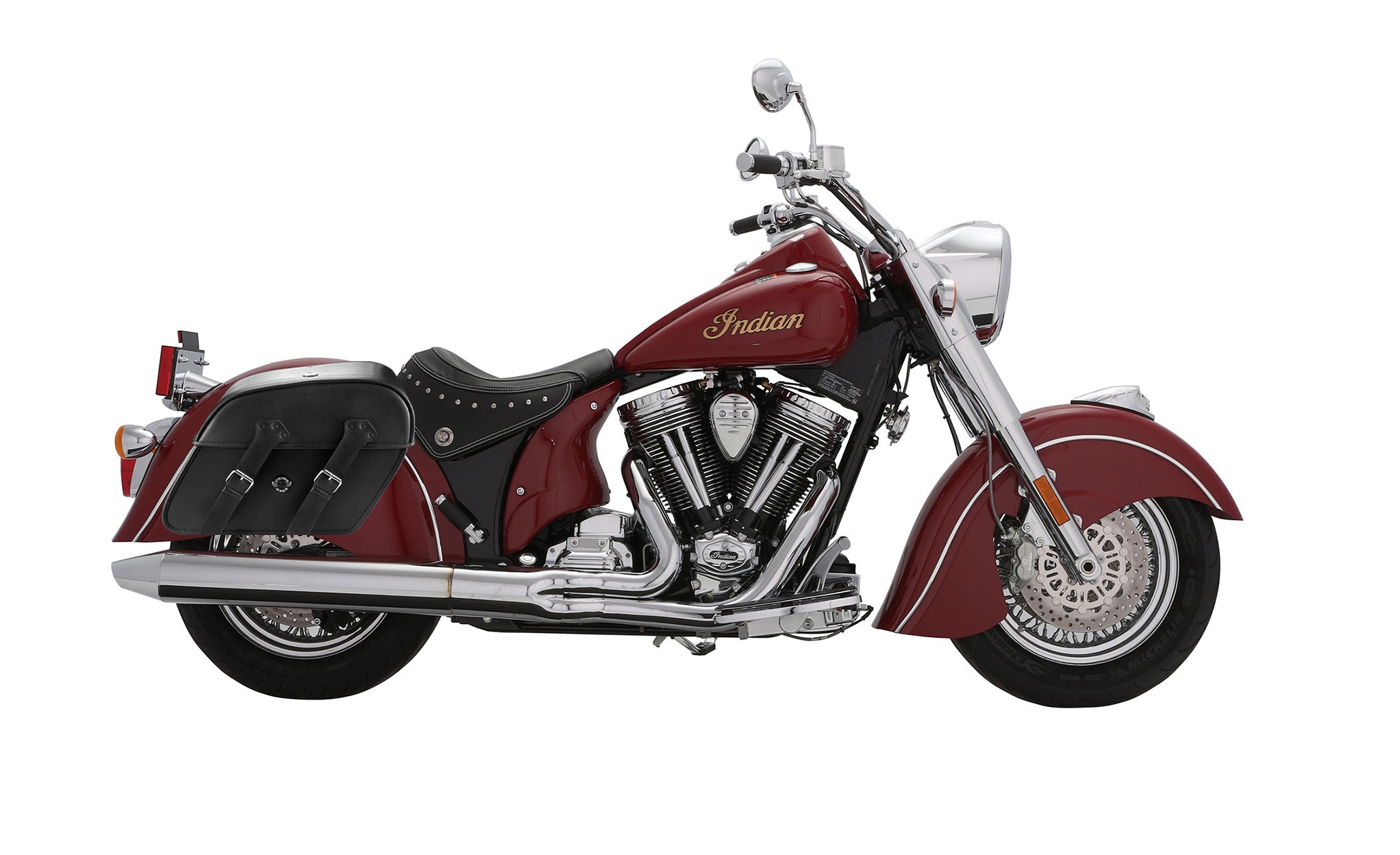 Viking Raven Large Indian Chief Deluxe Motorcycle Leather Saddlebags on Bike Photo @expand