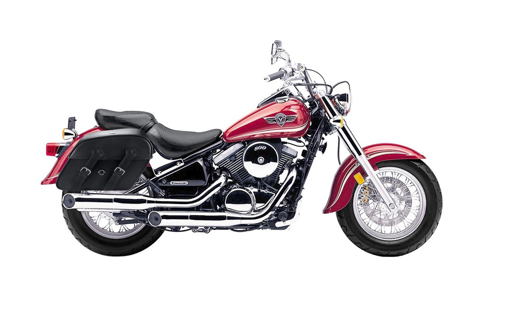 Viking Raven Extra Large Kawasaki Vulcan 800 Classic Leather Motorcycle Saddlebags on Bike Photo @expand