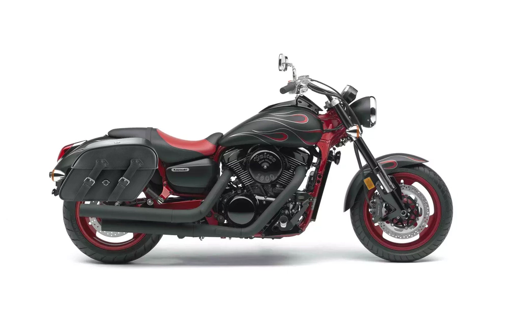 Viking Raven Extra Large Kawasaki Mean Streak 1600 Leather Motorcycle Saddlebags on Bike Photo @expand