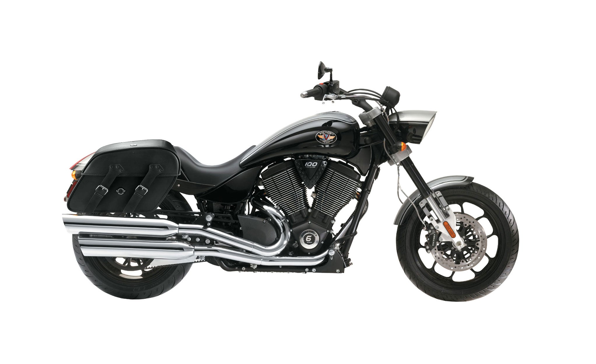 Viking Raven Extra Large Victory Hammer Leather Motorcycle Saddlebags on Bike Photo @expand