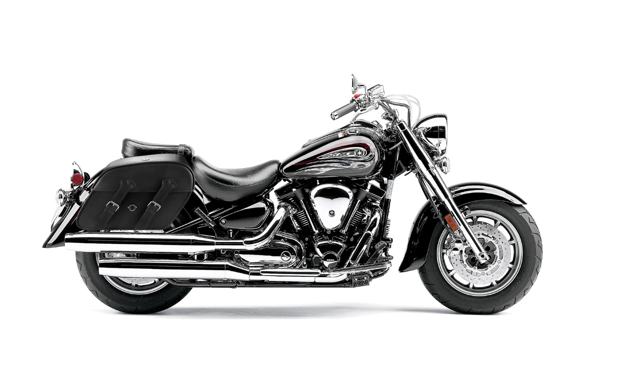 Viking Raven Extra Large Yamaha Road Star S Midnight Leather Motorcycle Saddlebags on Bike Photo @expand