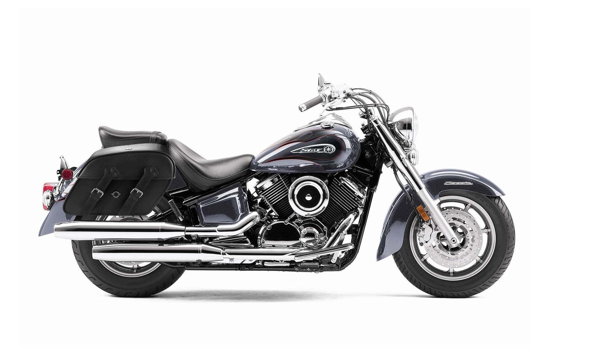Viking Raven Extra Large Yamaha V Star 1100 Classic Xvs11A Leather Motorcycle Saddlebags on Bike Photo @expand