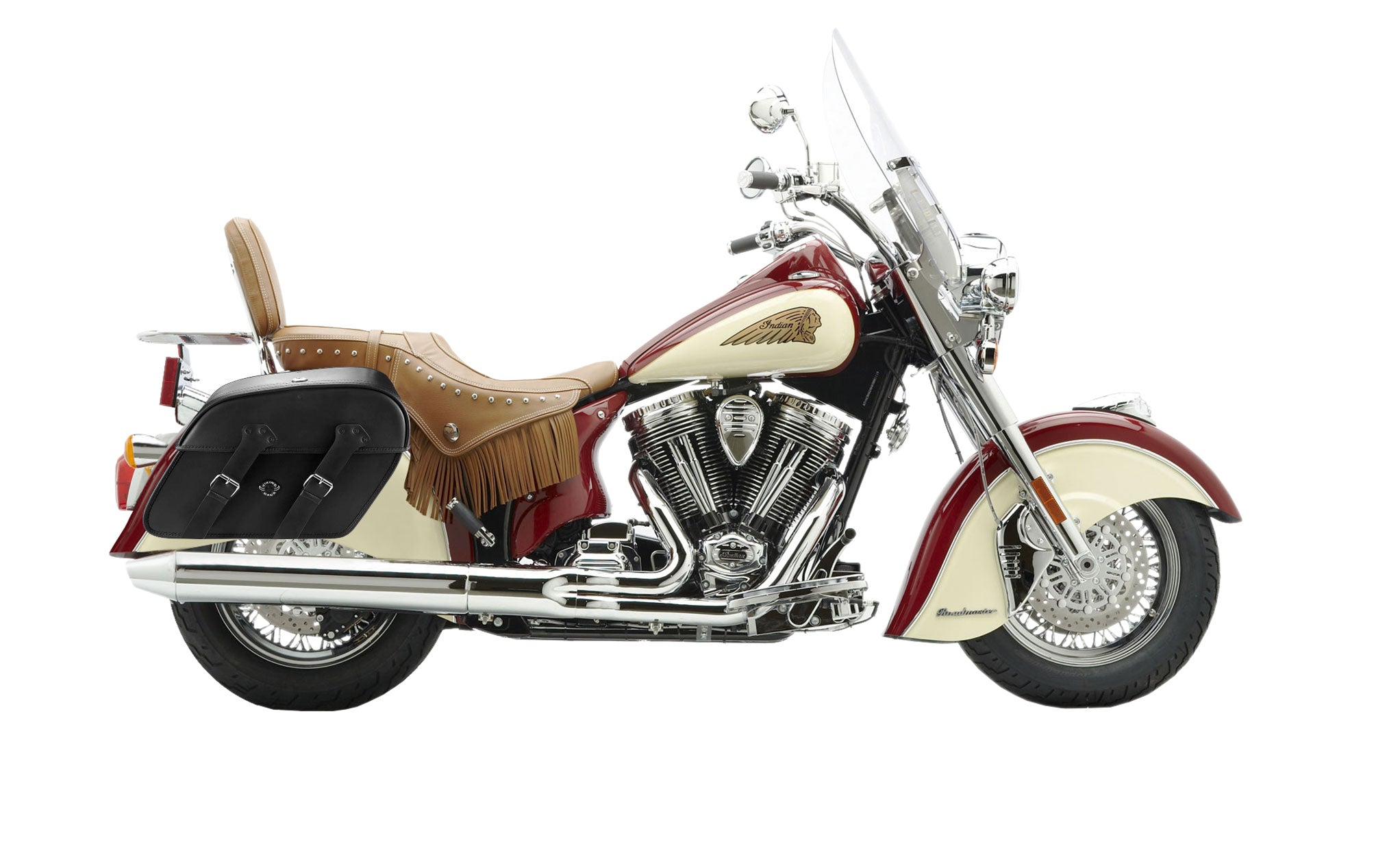 Viking Raven Extra Large Indian Chief Roadmaster Leather Motorcycle Saddlebags on Bike Photo @expand