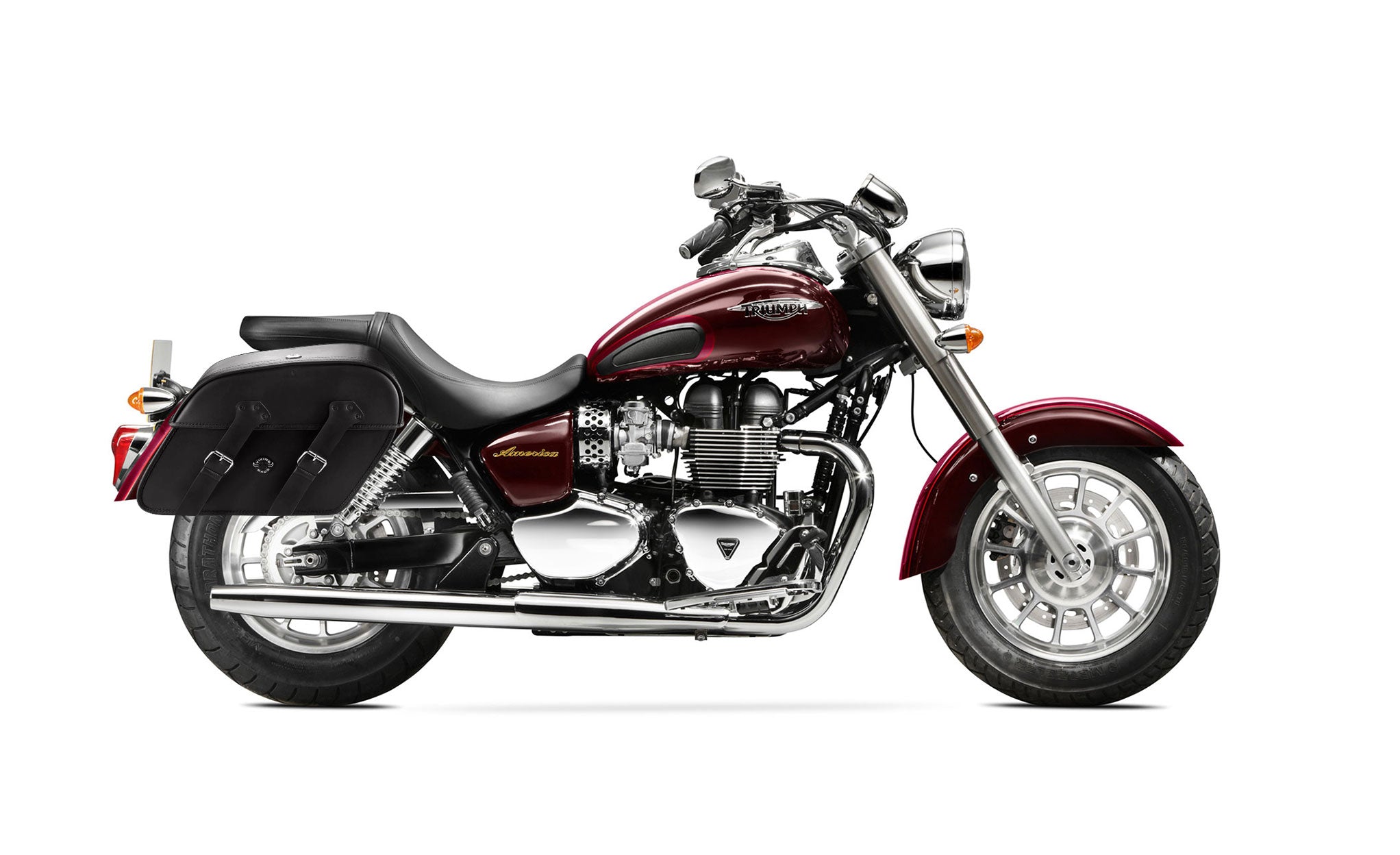 Viking Raven Extra Large Triumph America Leather Motorcycle Saddlebags on Bike Photo @expand