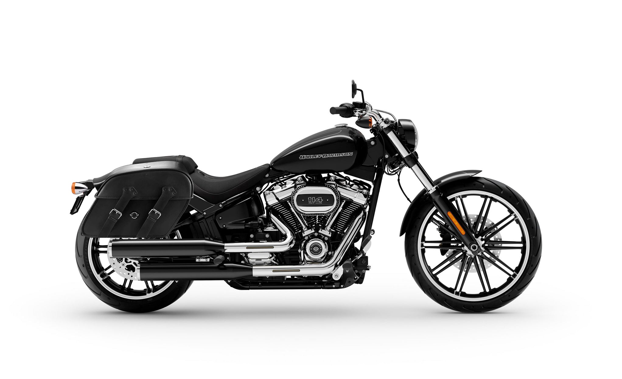Viking Raven Large Motorcycle Leather Saddlebags For Harley Softail Breakout 114 Fxbr S on Bike Photo @expand