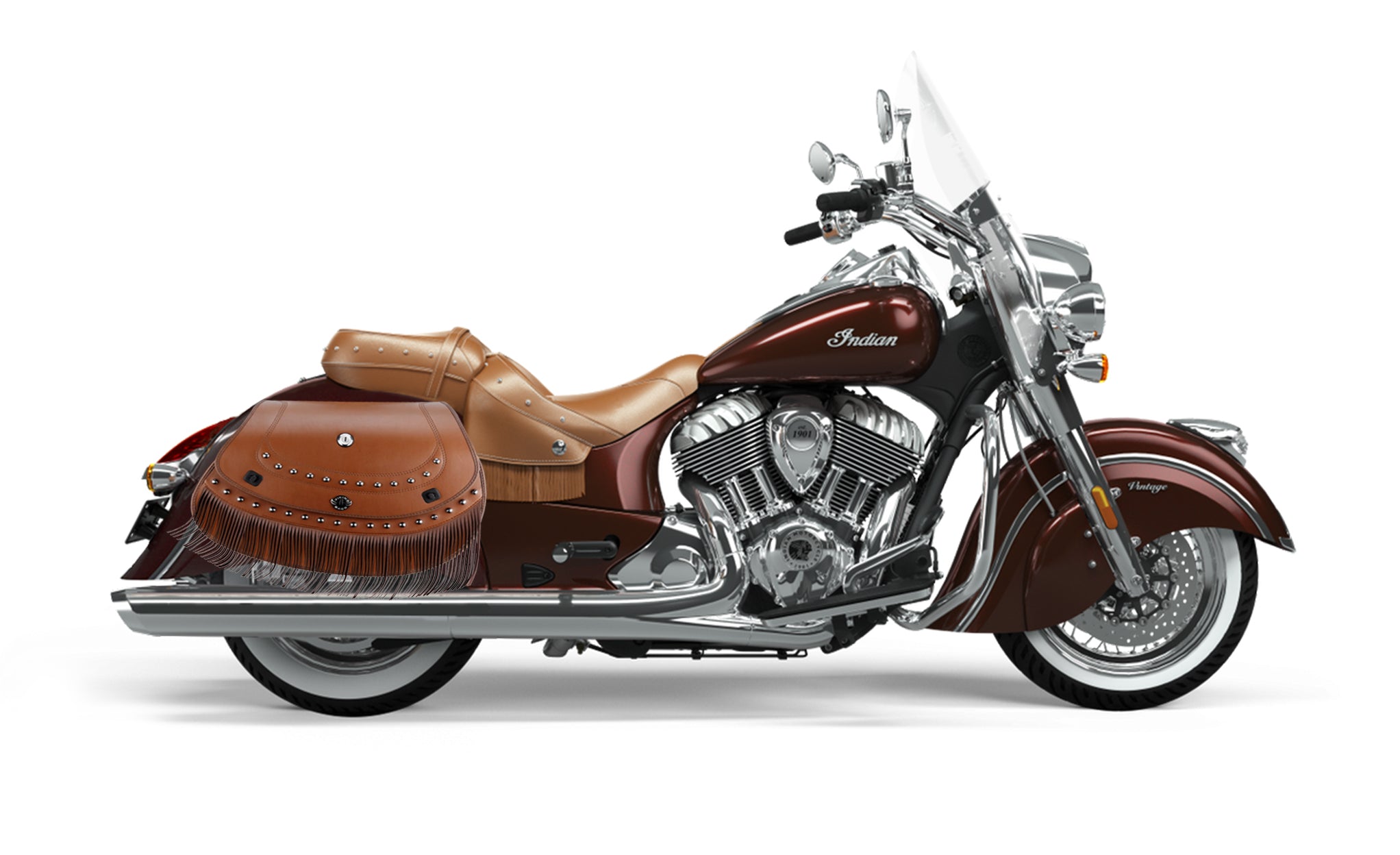 Viking Mohawk Brown Extra Large Indian Vintage Specific Leather Motorcycle Saddlebags on Bike Photo @expand