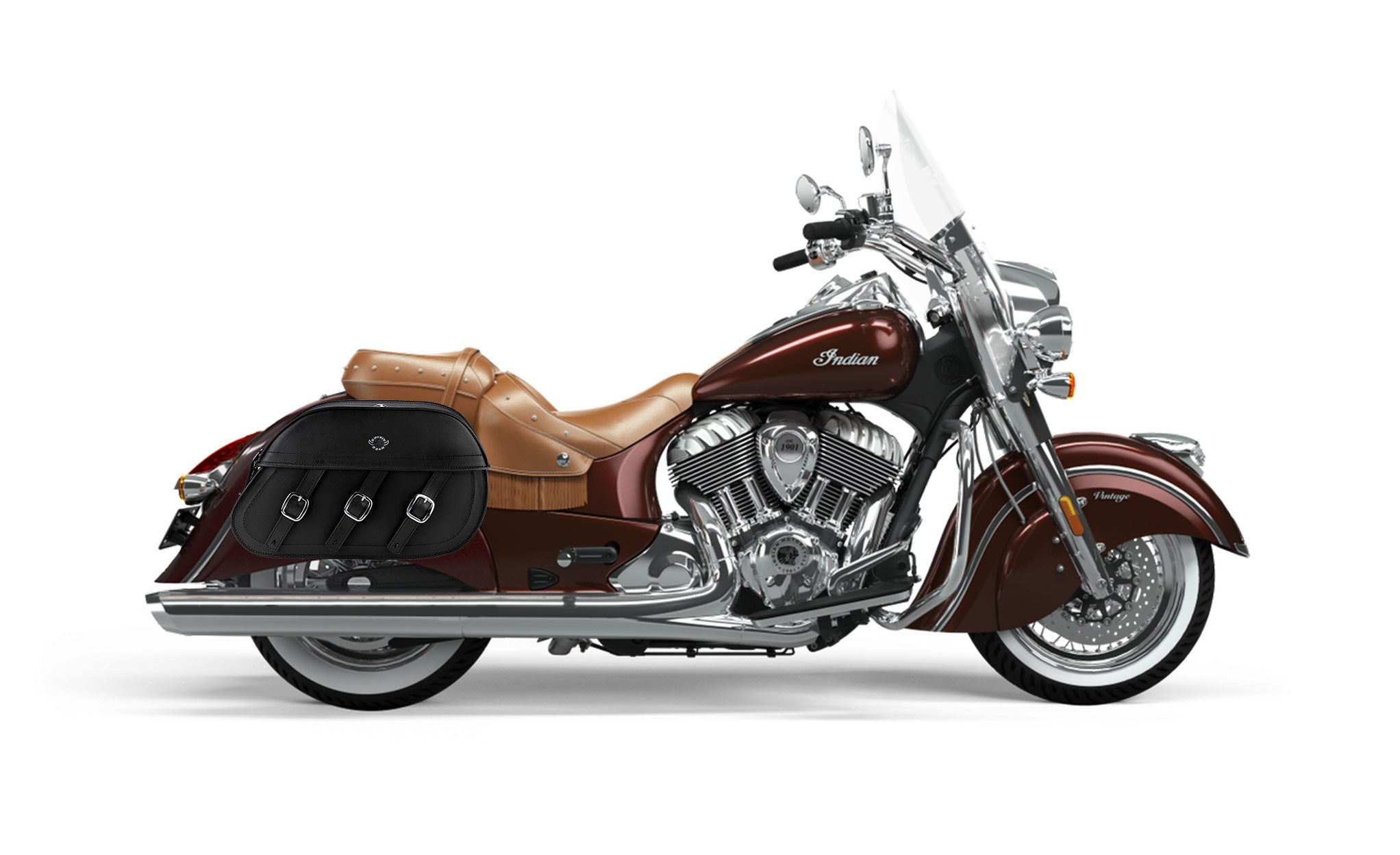 Viking Trianon Extra Large Indian Vintage Leather Motorcycle Saddlebags on Bike Photo @expand