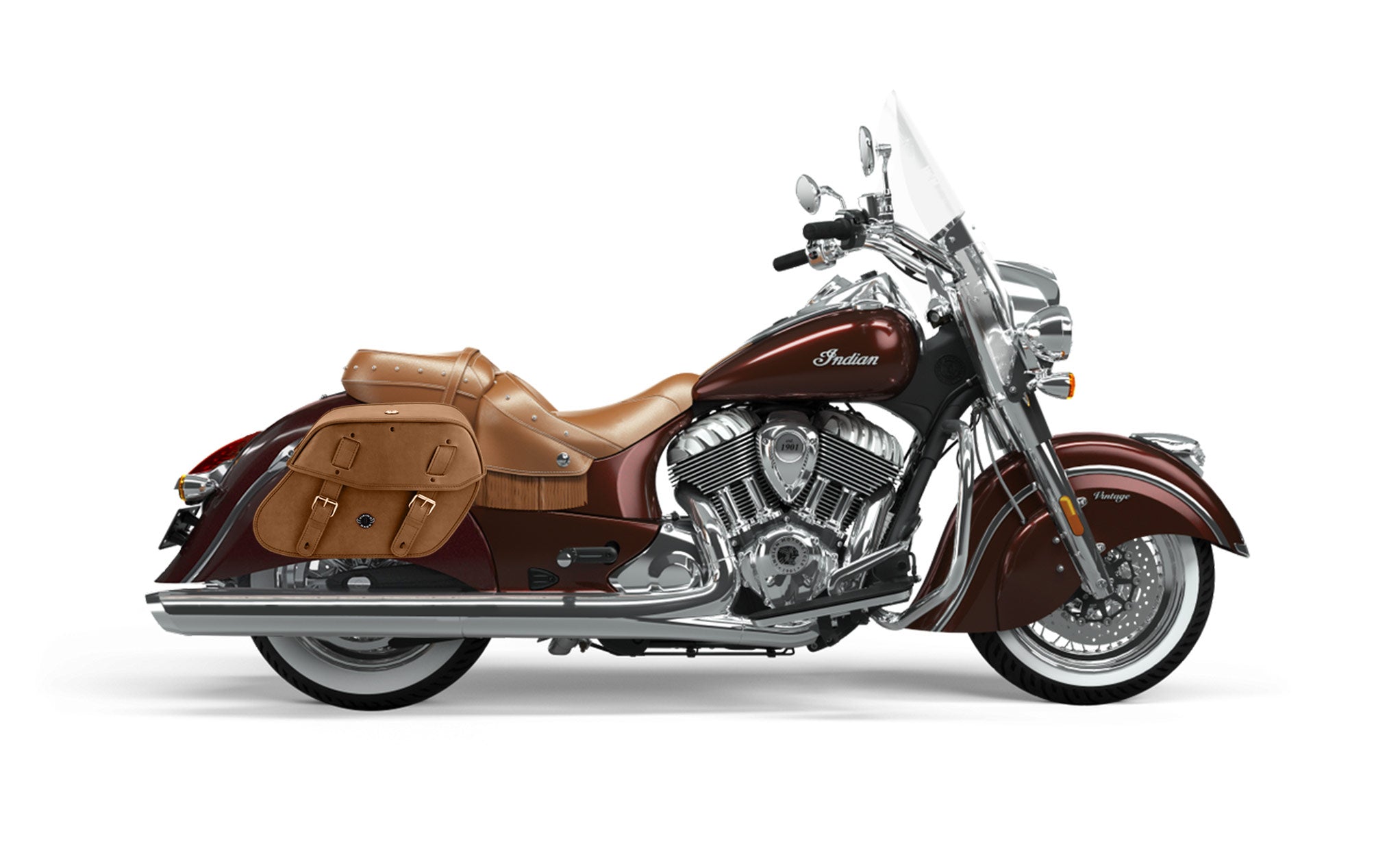 Viking Odin Brown Large Indian Vintage Leather Motorcycle Saddlebags on Bike Photo @expand