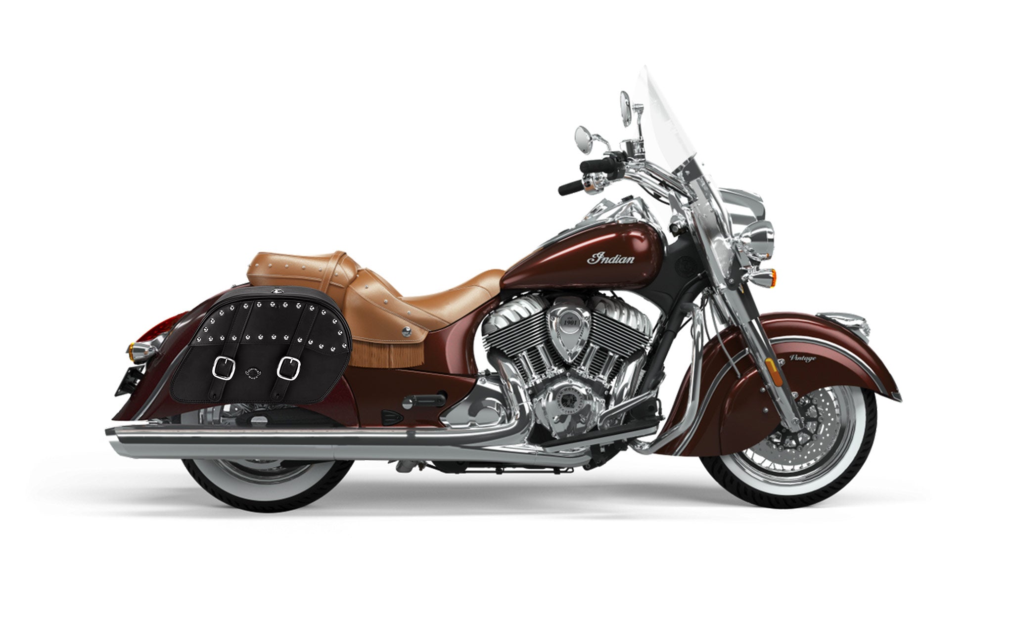 Viking Skarner Large Indian Vintage Leather Studded Motorcycle Saddlebags on Bike Photo @expand