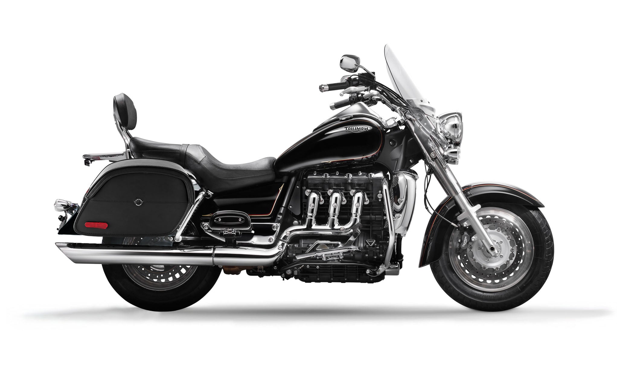 Viking California Large Triumph Rocket Iii Touring Leather Motorcycle Saddlebags on Bike Photo @expand