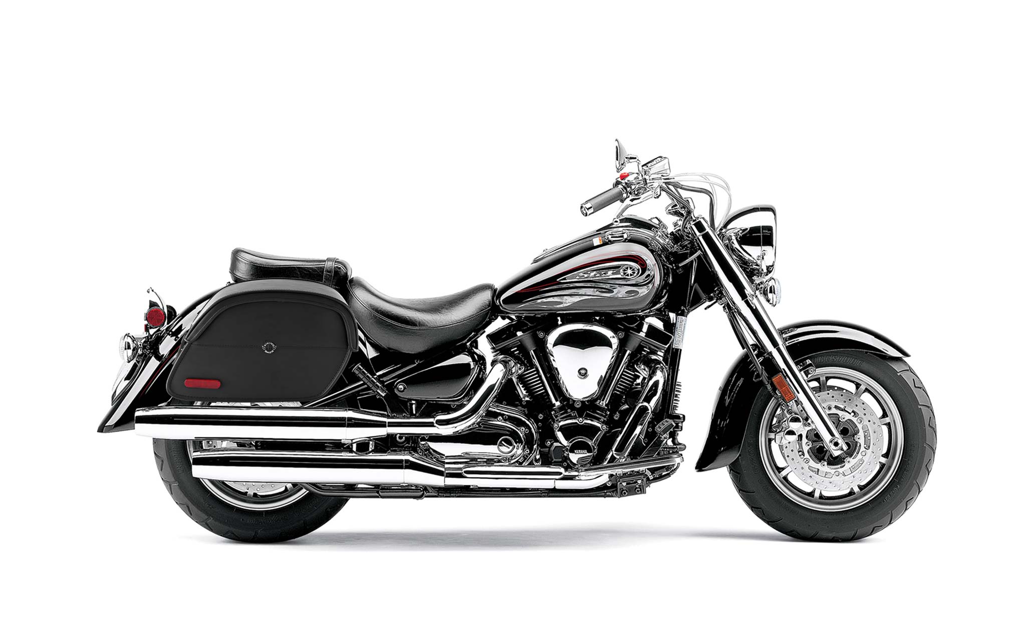 Viking California Large Yamaha Road Star S Midnight Leather Motorcycle Saddlebags on Bike Photo @expand