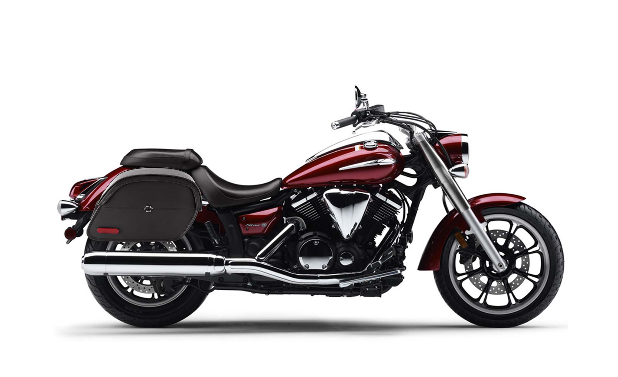 Viking California Large Yamaha V Star 950 Leather Motorcycle Saddlebags on Bike Photo @expand