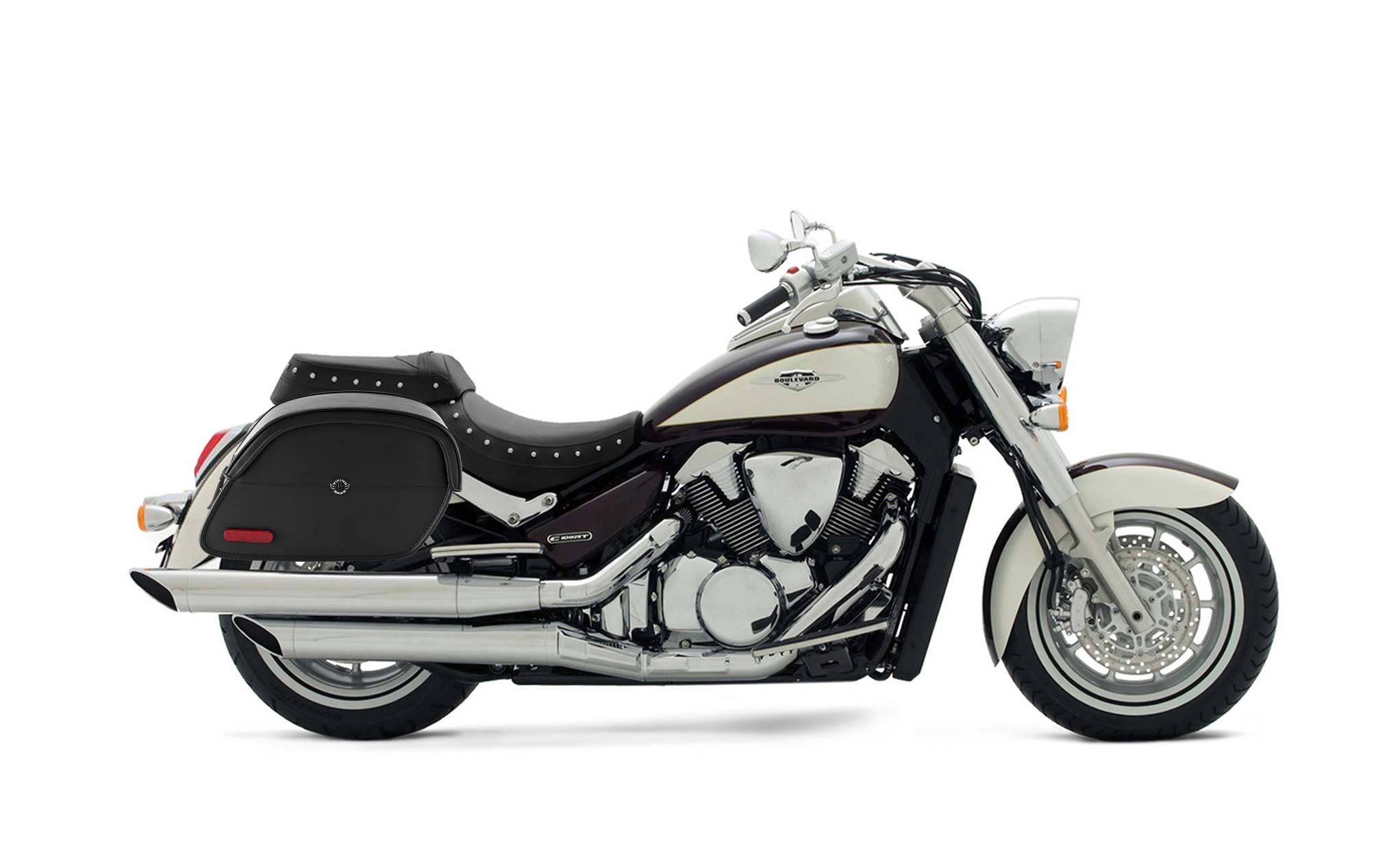 Viking California Large Suzuki Boulevard C109 Leather Motorcycle Saddlebags on Bike Photo @expand