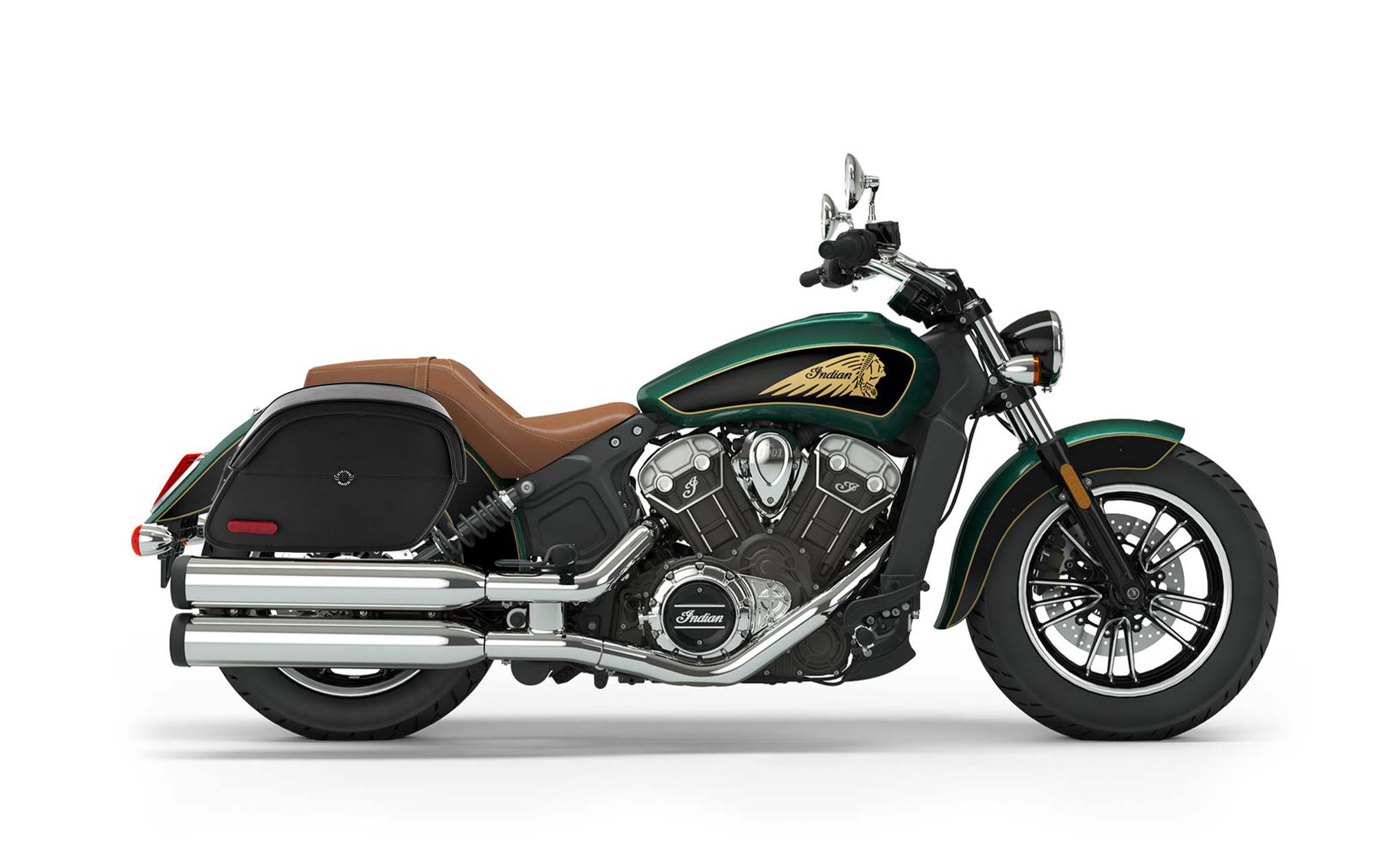 Viking California Large Indian Scout Leather Motorcycle Saddlebags on Bike Photo @expand