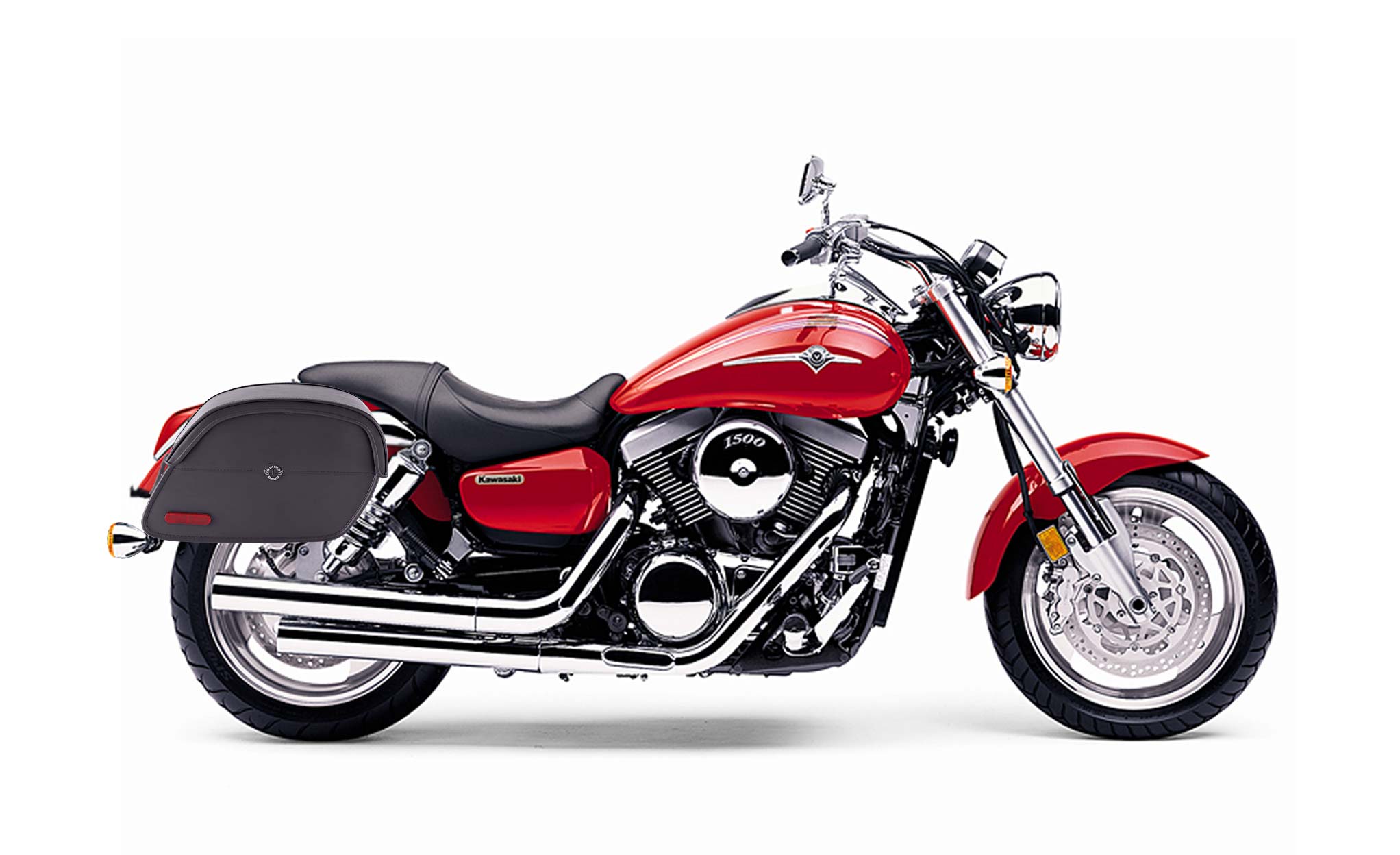 Viking California Large Kawasaki Mean Streak 1500 Leather Motorcycle Saddlebags on Bike Photo @expand