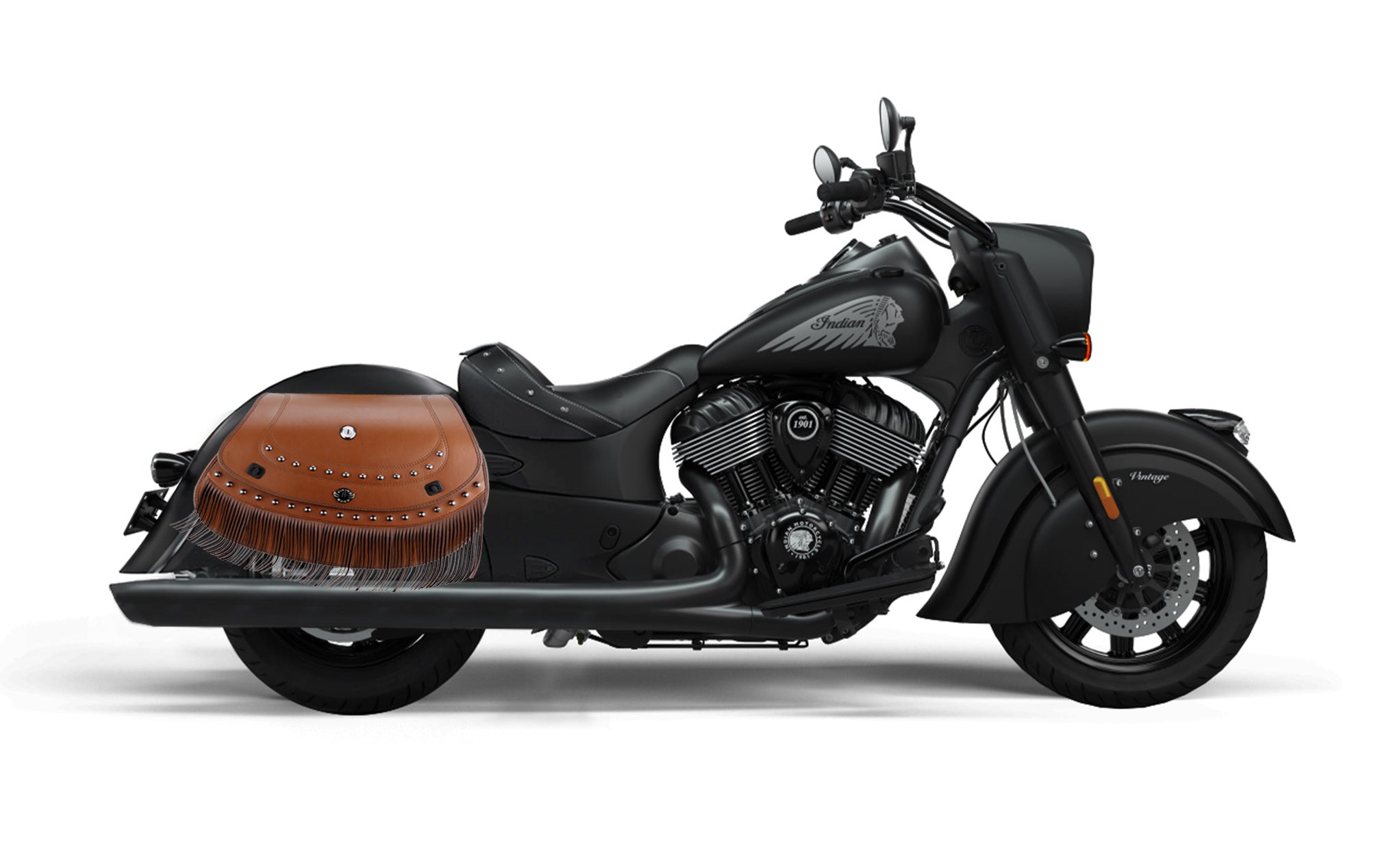 Viking Mohawk Brown Extra Large Indian Vintage Darkhorse Specific Leather Motorcycle Saddlebags on Bike Photo @expand