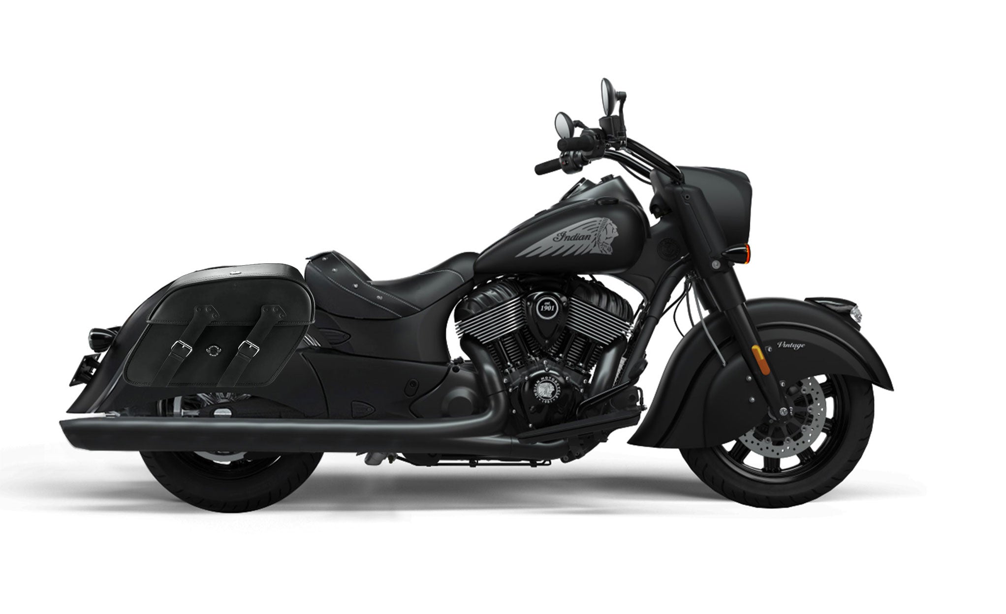 Viking Raven Extra Large Indian Vintage Darkhorse Leather Motorcycle Saddlebags on Bike Photo @expand