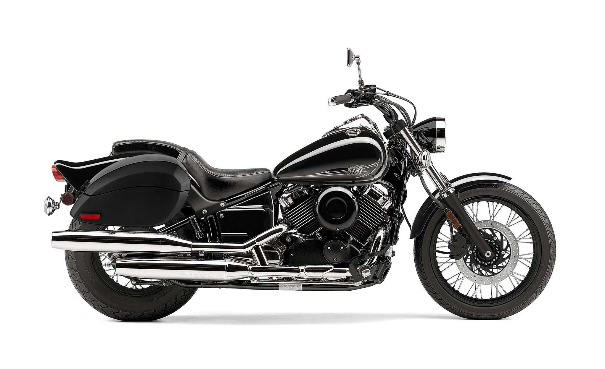 Viking Phantom Large Yamaha V Star 650 Custom Xvs65T Leather Wrapped Motorcycle Hard Saddlebags on Bike Photo @expand