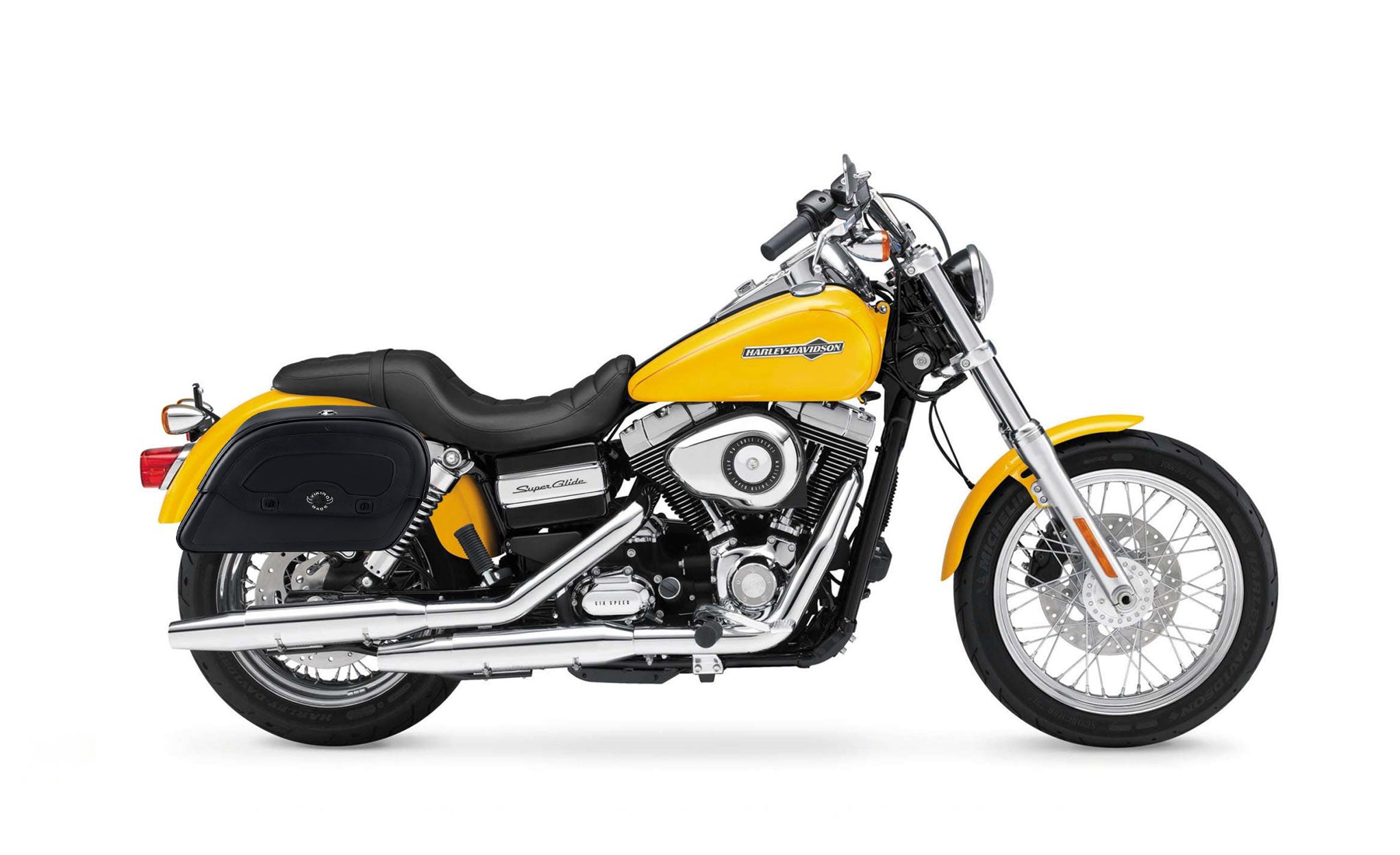 Viking Warrior Medium Leather Motorcycle Saddlebags For Harley Dyna Super Glide Fxd I on Bike Photo @expand