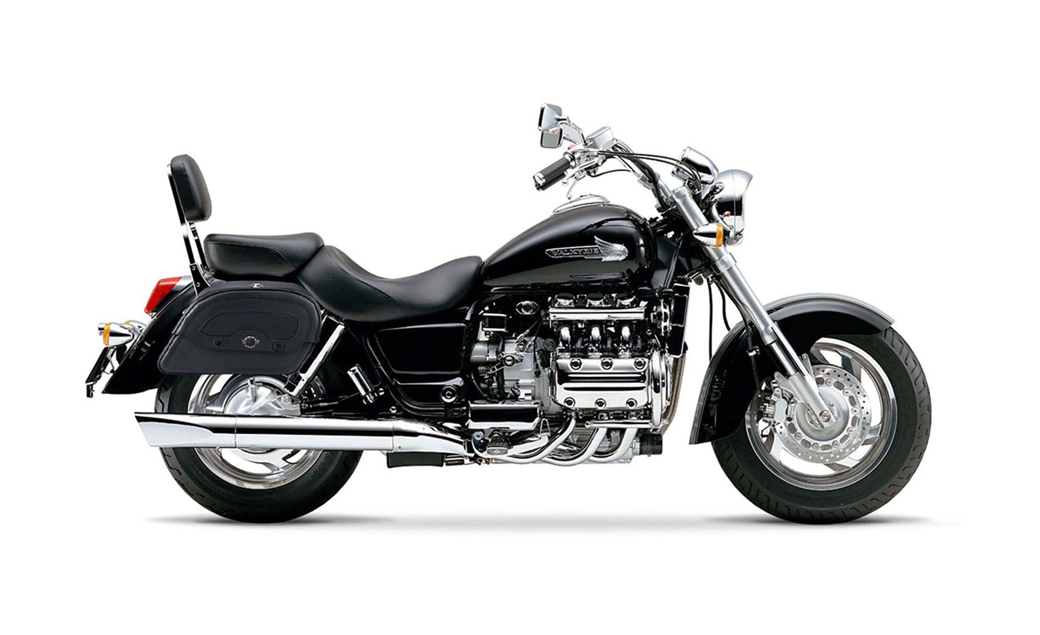 Viking Warrior Medium Honda 1500 Valkyrie Standard Leather Motorcycle Saddlebags on Bike Photo @expand