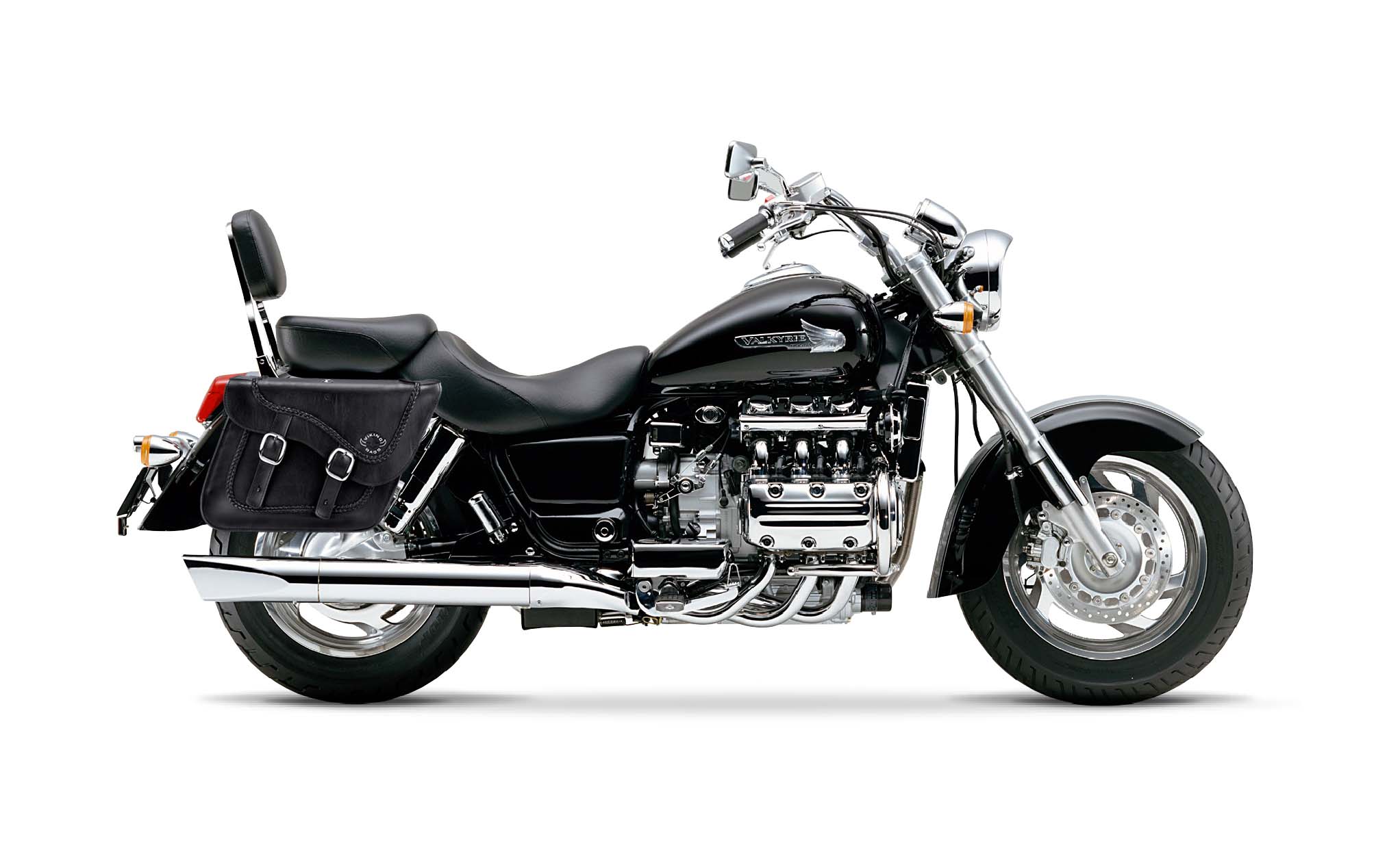 Viking Americano Honda Valkyrie 1500 Standard Braided Large Leather Motorcycle Saddlebags on Bike Photo @expand