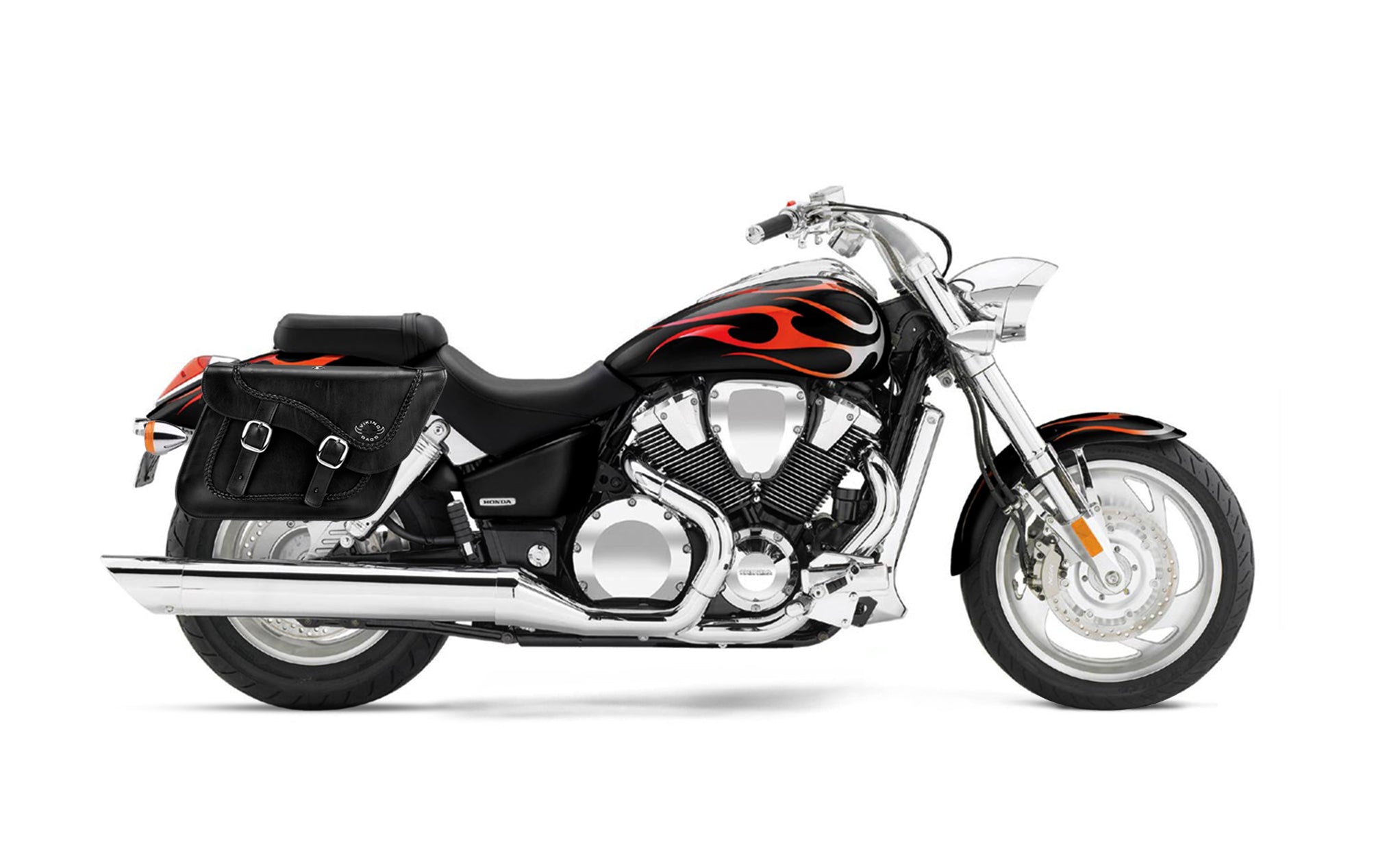 Viking Americano Honda Vtx 1800 C Braided Large Leather Motorcycle Saddlebags on Bike Photo @expand