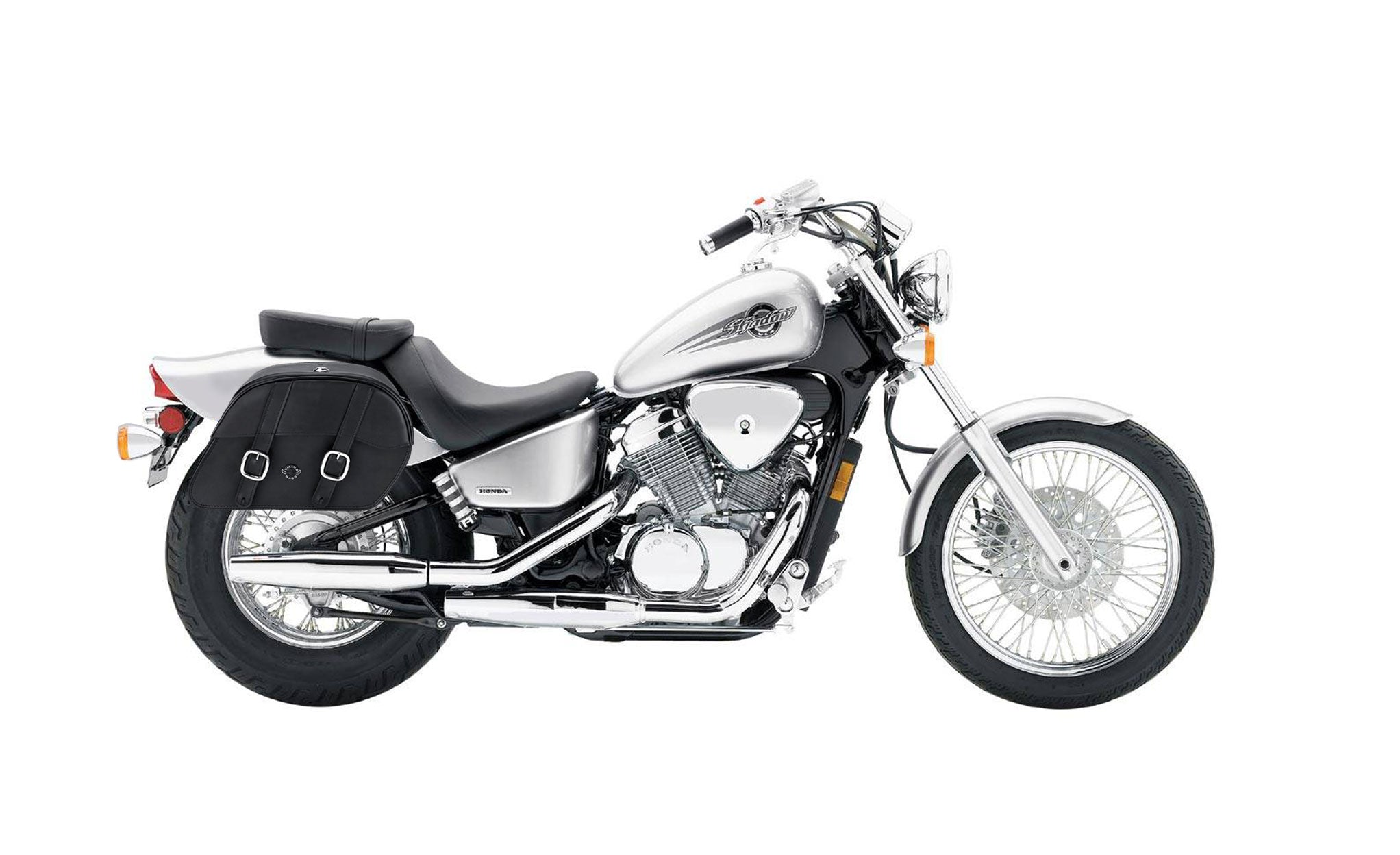 Viking Skarner Medium Lockable Honda Shadow 600 Vlx Leather Motorcycle Saddlebags on Bike Photo @expand