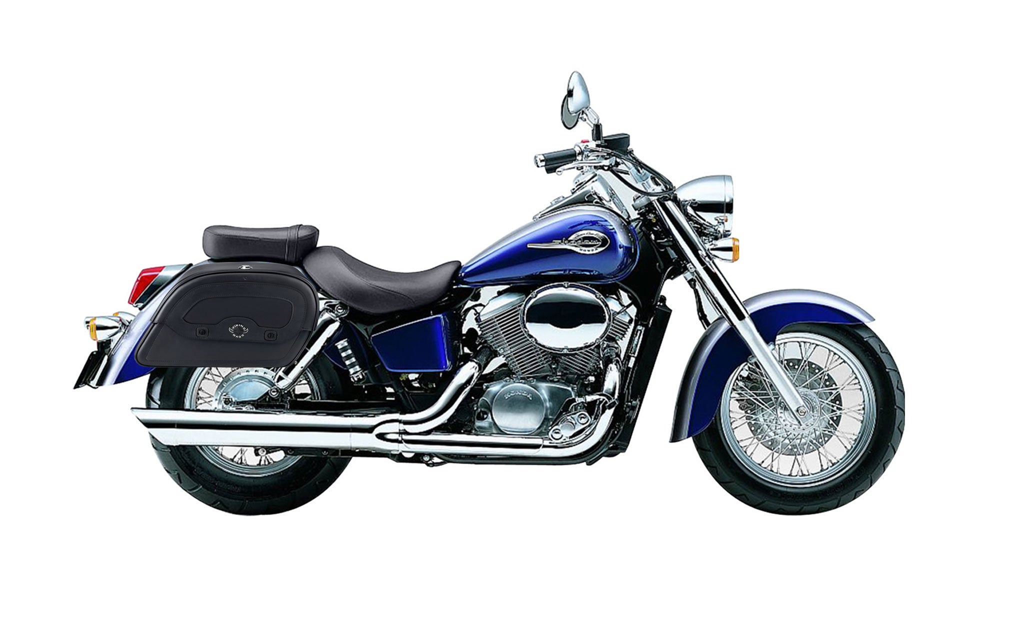 Viking Warrior Medium Honda Shadow 750 Ace Leather Motorcycle Saddlebags on Bike Photo @expand