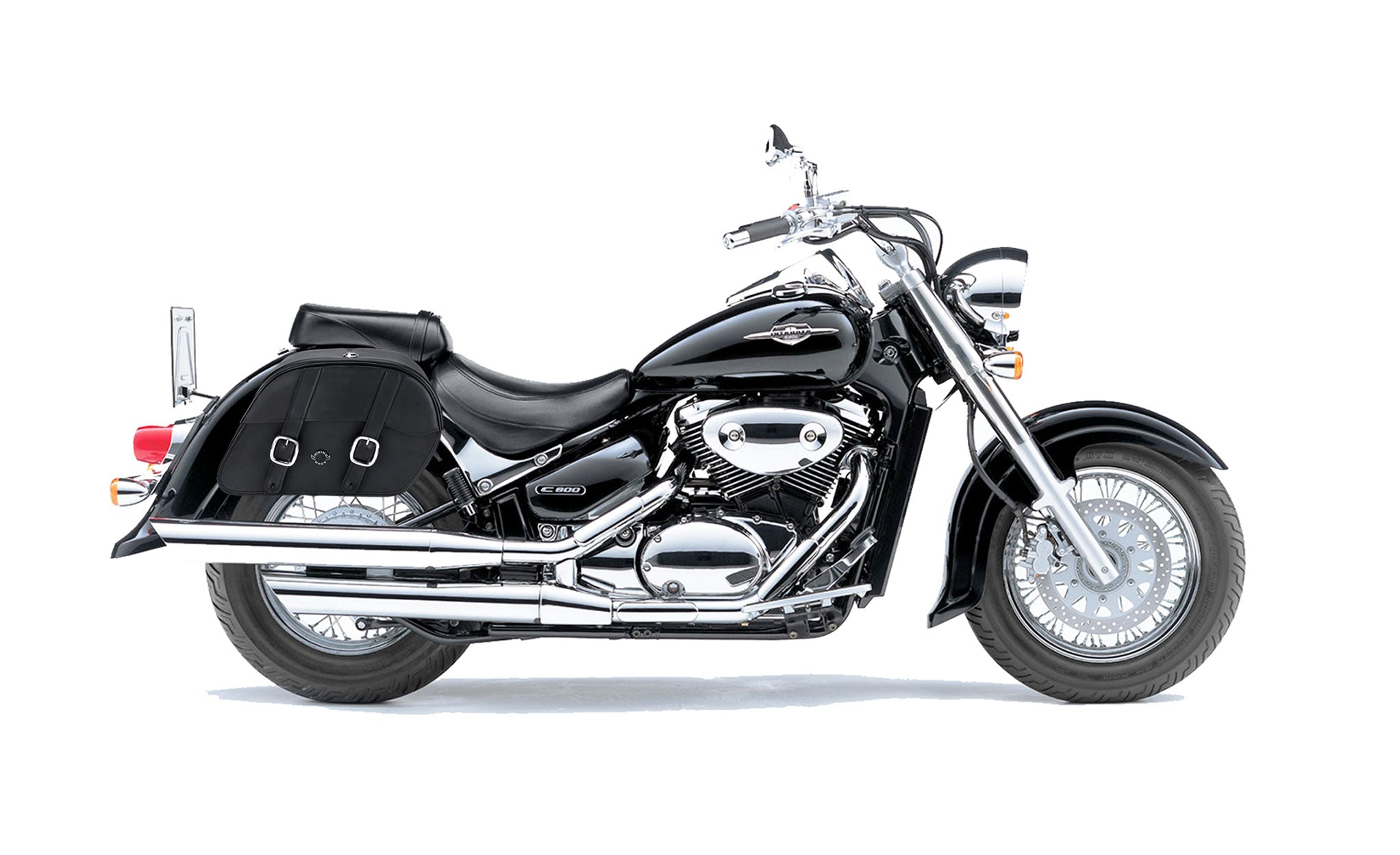 Viking Skarner Medium Lockable Suzuki Volusia 800 Leather Motorcycle Saddlebags on Bike Photo @expand