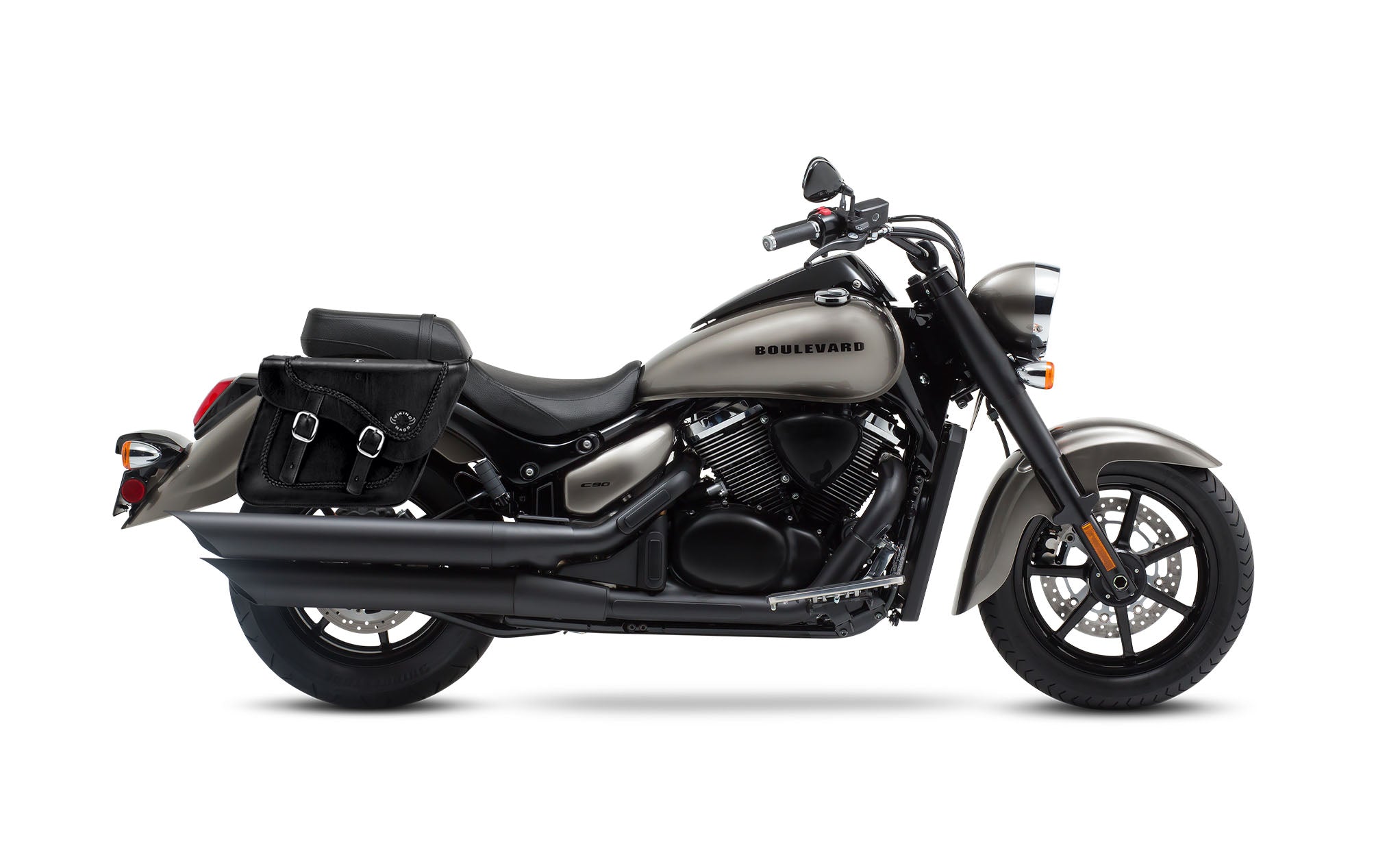 Viking Americano Suzuki Boulevard C90 Vl1500 Braided Large Leather Motorcycle Saddlebags on Bike Photo @expand