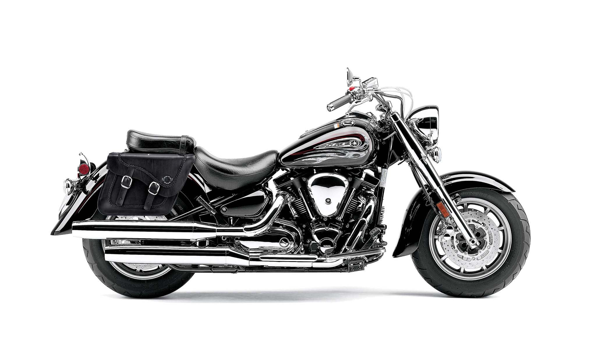 Viking Americano Yamaha Road Star S Midnight Braided Large Leather Motorcycle Saddlebags on Bike Photo @expand