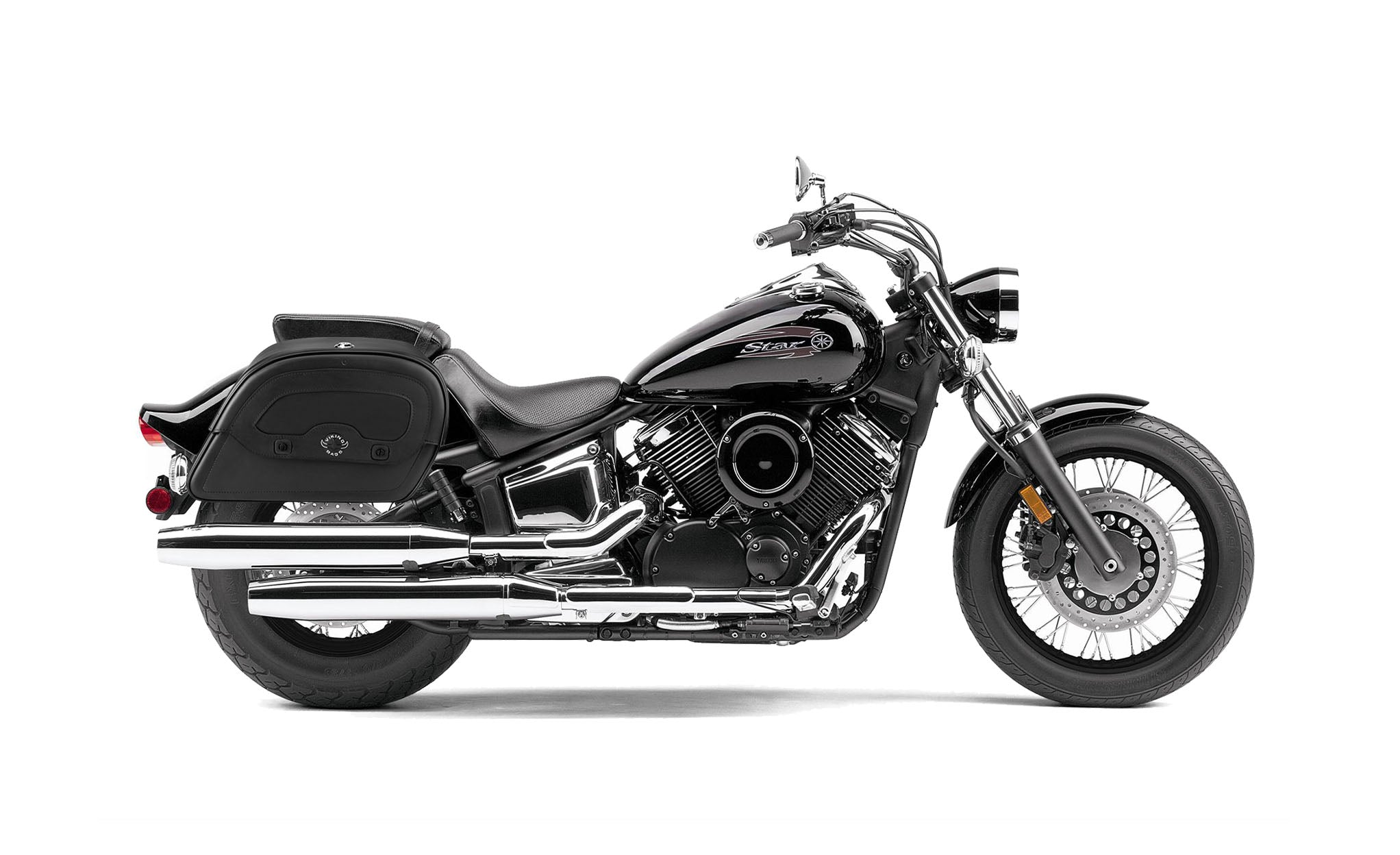 Viking Warrior Large Yamaha V Star 1100 Custom Xvs11T Leather Motorcycle Saddlebags on Bike Photo @expand