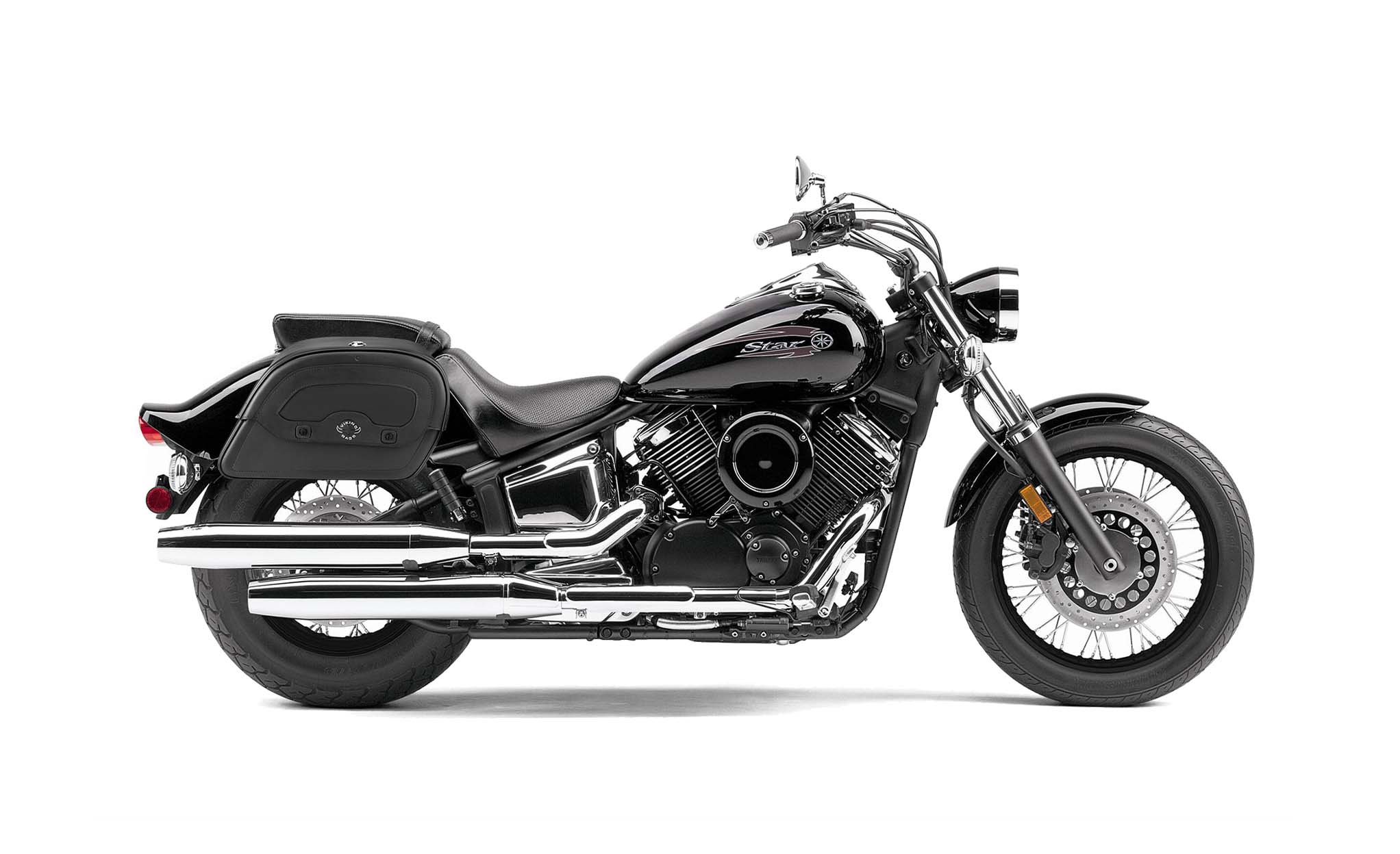 Viking Warrior Medium Yamaha V Star 1100 Custom Xvs11T Leather Motorcycle Saddlebags on Bike Photo @expand