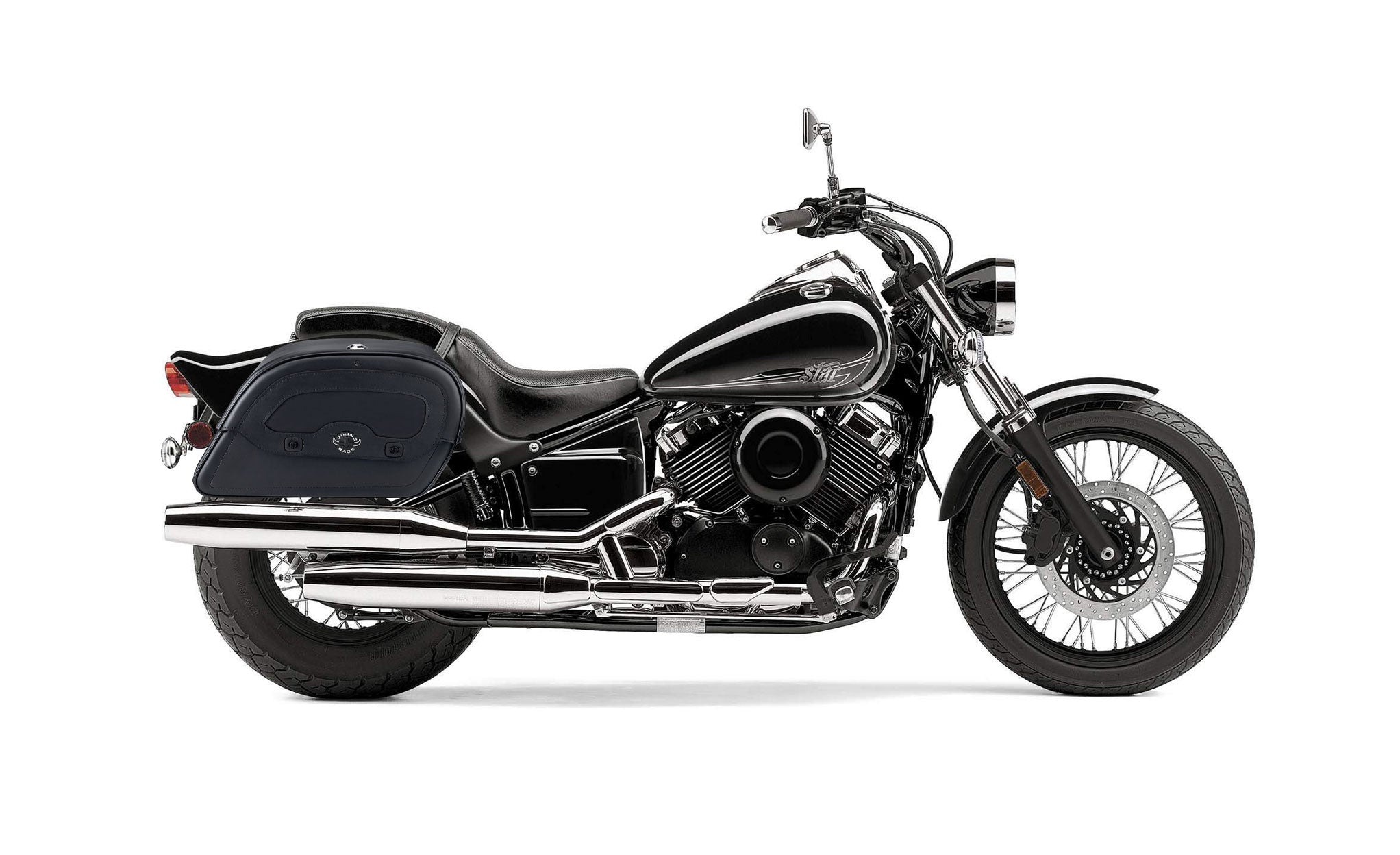 Viking Warrior Large Yamaha V Star 650 Custom Xvs65T Leather Motorcycle Saddlebags on Bike Photo @expand