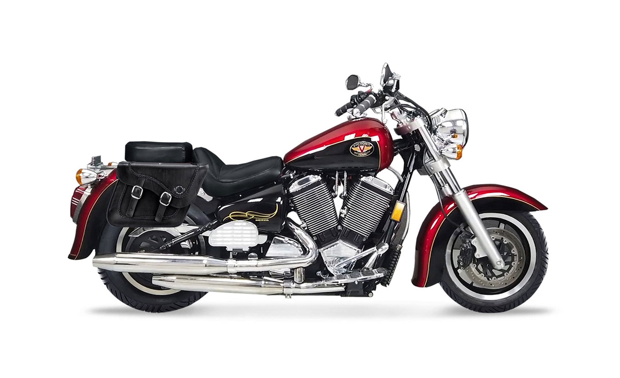 Viking Americano Victory V92C Braided Large Leather Motorcycle Saddlebags on Bike Photo @expand