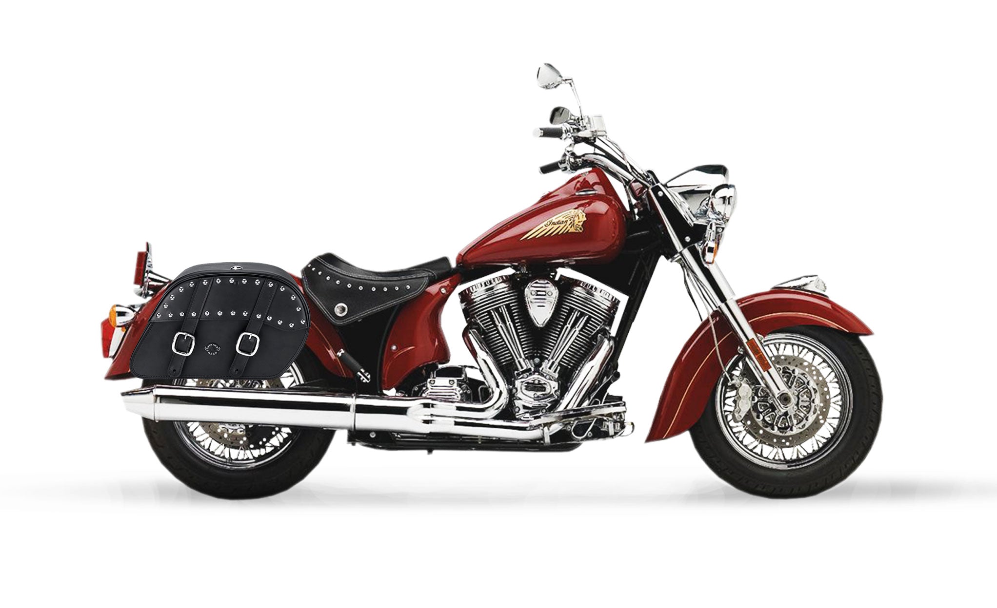 Viking Skarner Large Indian Chief Standard Leather Studded Motorcycle Saddlebags on Bike Photo @expand