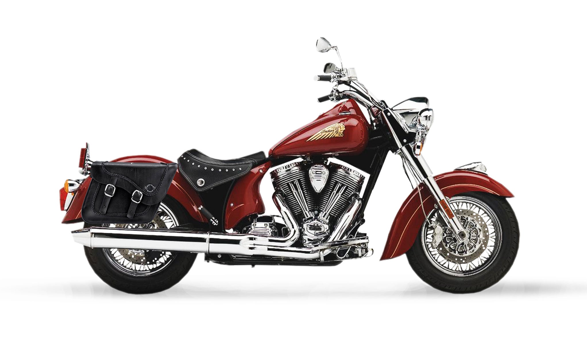 Viking Americano Indian Chief Standard Braided Large Leather Motorcycle Saddlebags on Bike Photo @expand
