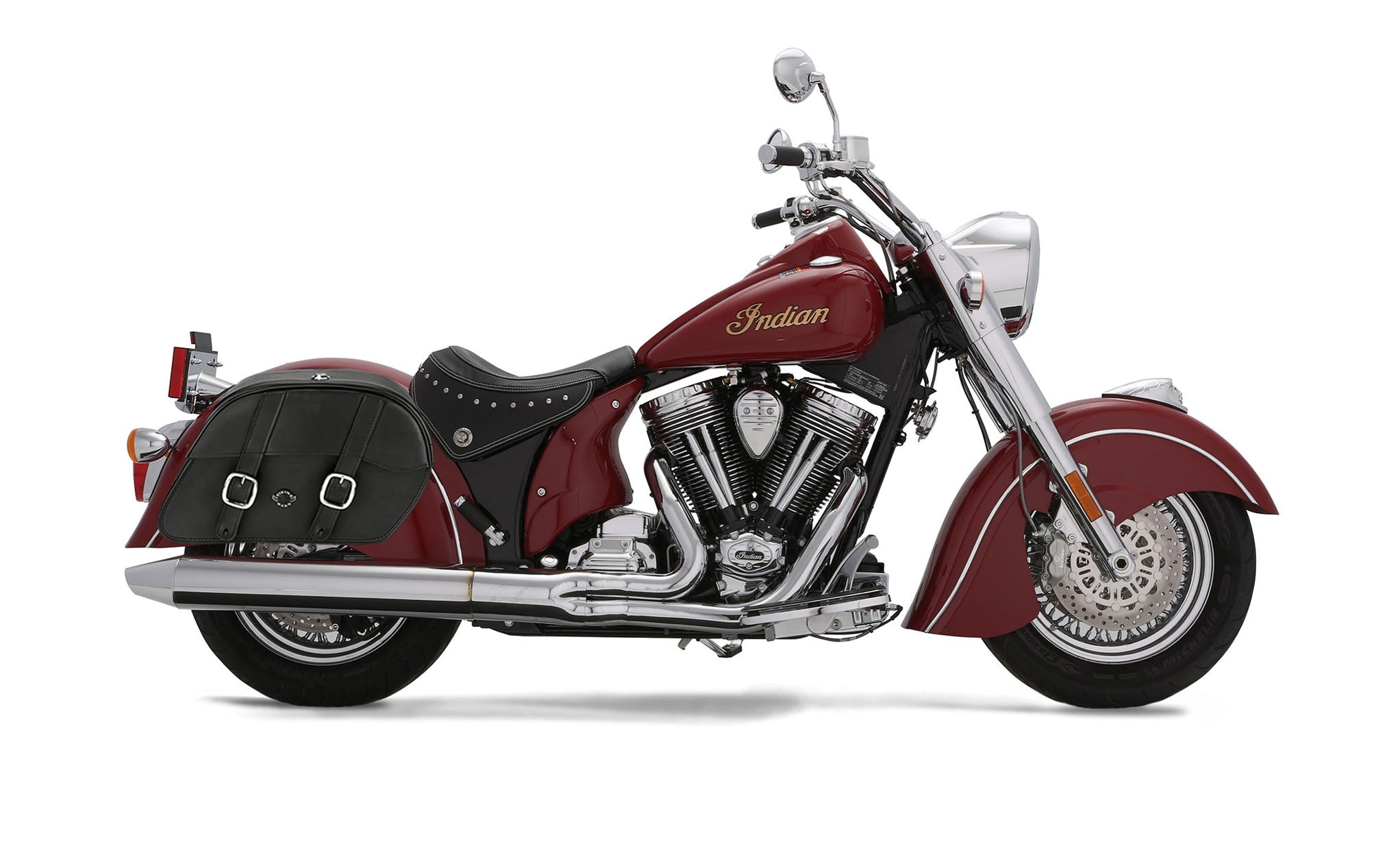 Viking Skarner Large Indian Chief Deluxe Leather Motorcycle Saddlebags on Bike Photo @expand