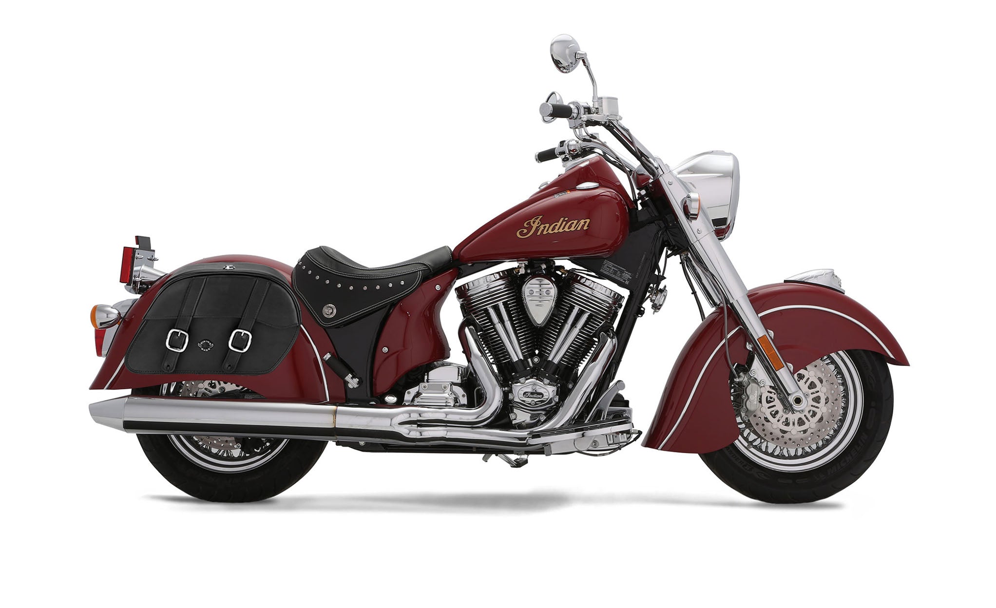 Viking Skarner Medium Lockable Indian Chief Deluxe Leather Motorcycle Saddlebags on Bike Photo @expand