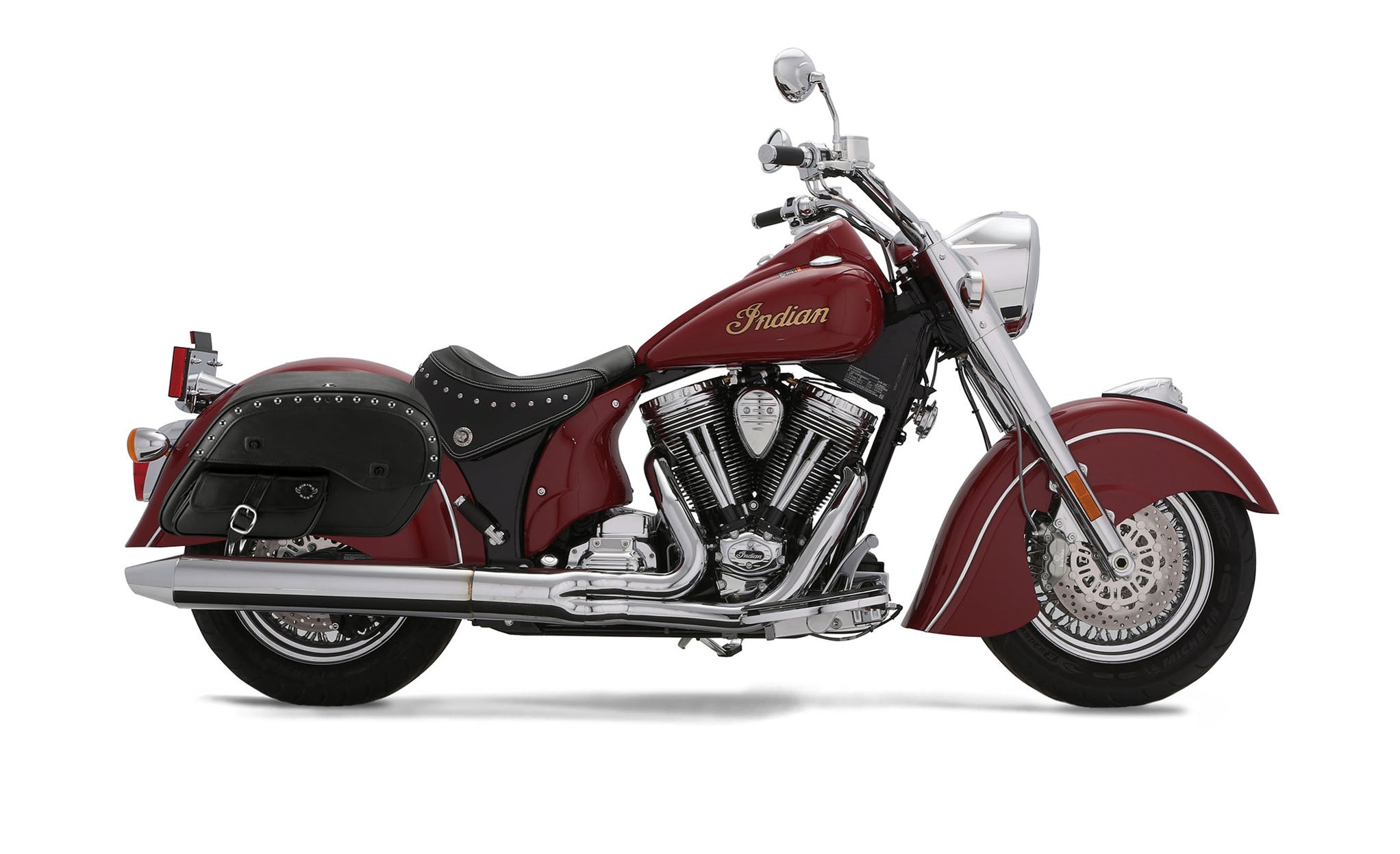 Viking Side Pocket Large Studded Indian Chief Deluxe Leather Motorcycle Saddlebags on Bike Photo @expand